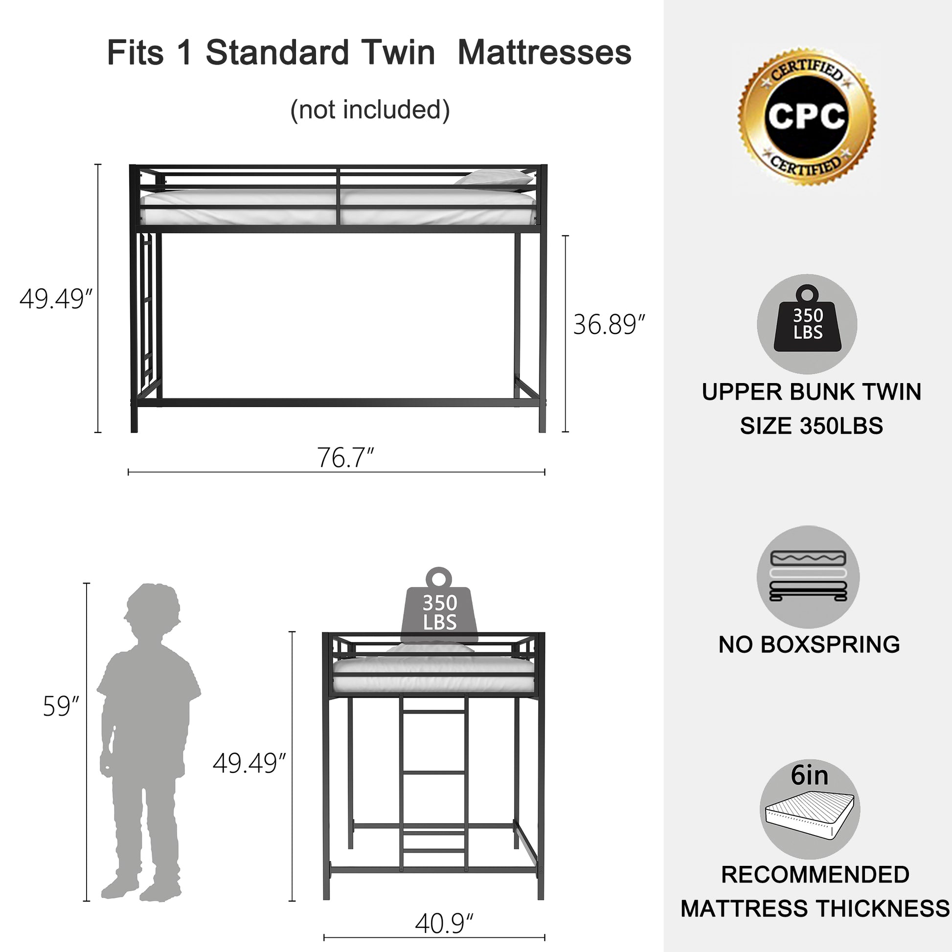 Adam Junior Twin Loft Bunk Black Box Spring Not Required Twin Black Metal Bedroom Bunk Metal