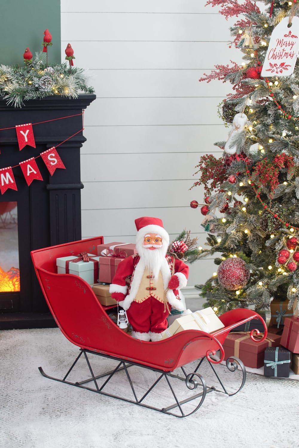 39X17.7X22"H Iron Red Black Sleigh Large, Distressed Christmas Santa Sleigh Holiday Decoration Black Red Iron