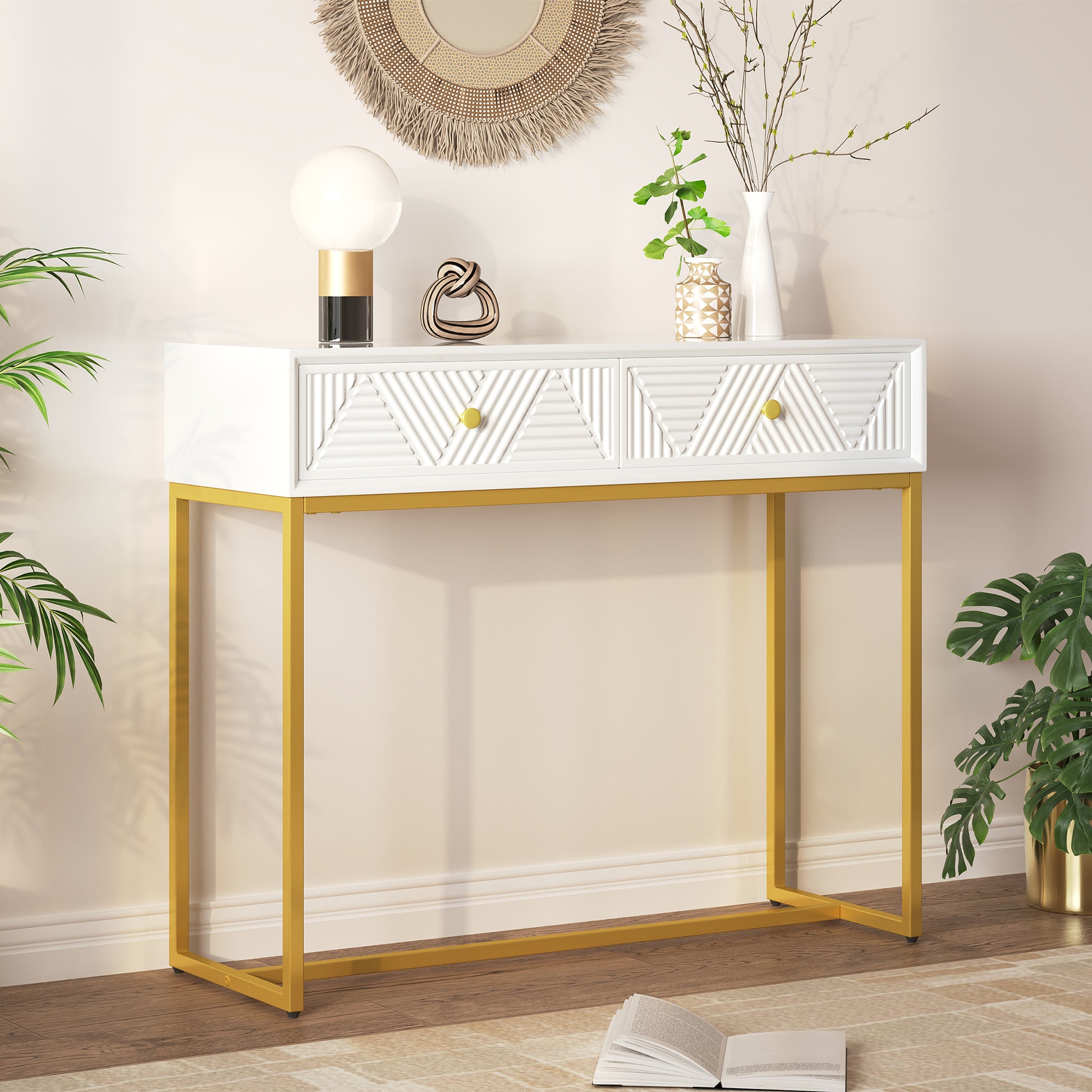 Modern Sleek Console Table Two Drawers With Stripe Design For Living Room And Entryway White White Mdf