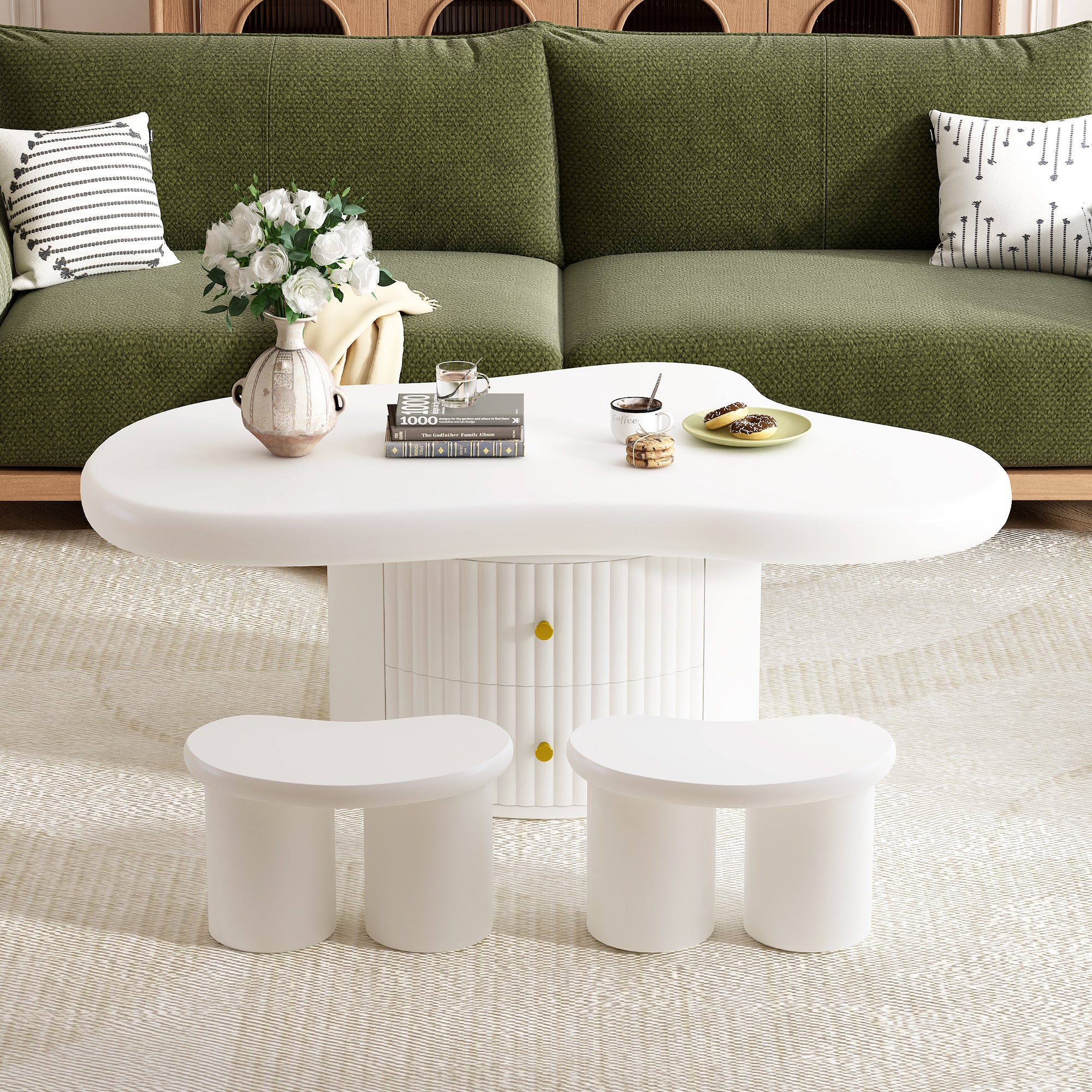 Cloud Coffee Table Set Of 3, Irregular Shape Coffee Table With 2 Drawers, 2 Small Stools For Living Room White Mdf