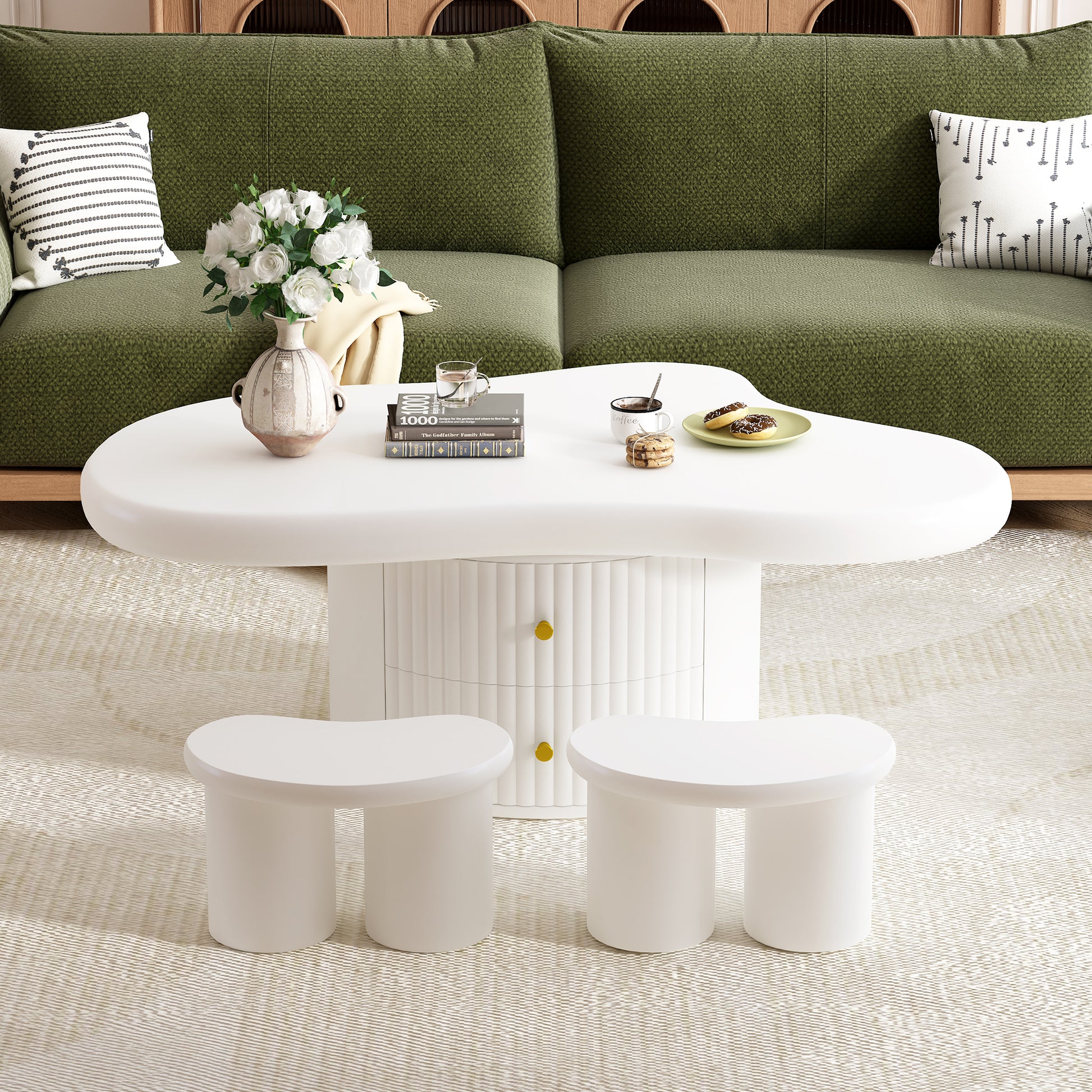 Cloud Coffee Table Set Of 3, Irregular Shape Coffee Table With 2 Drawers, 2 Small Stools For Living Room White Mdf