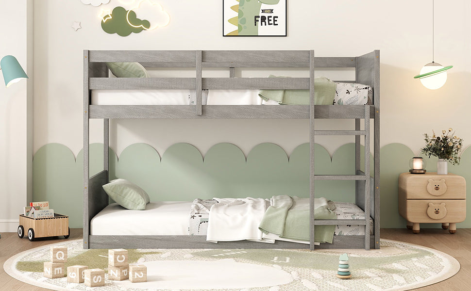 Twin Over Twin Floor Bunk Bed With Panelled Headboard And Footboard, Solid Rubber Wood Foundation With Safety Guardrails, Built In Ladder,Antique White Twin Antique White Rubber Wood