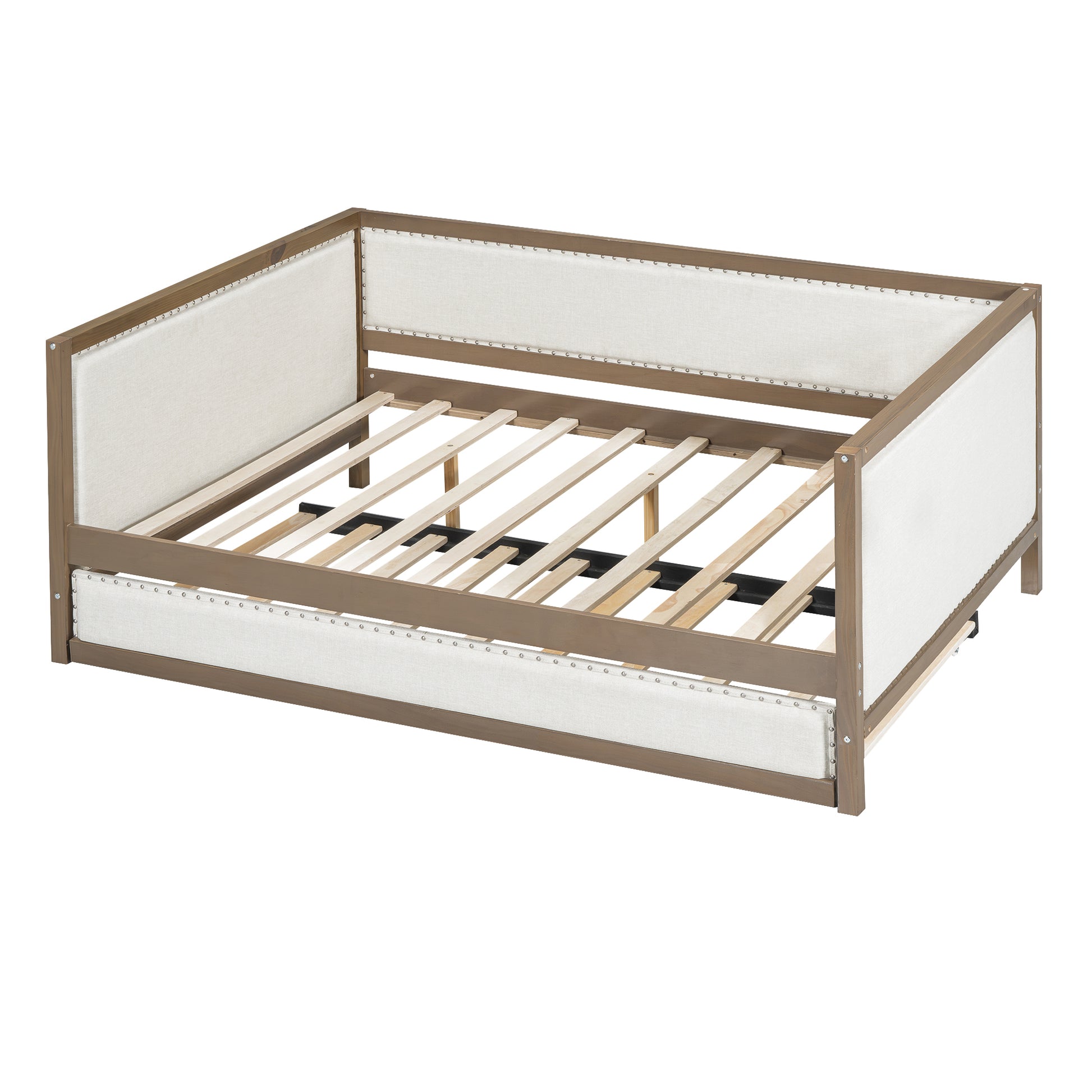 Full Size Upholstered Daybed With Trundle And Decoration, Wood Color Box Spring Not Required Full Wood Wood Daybeds Linen Upholstered