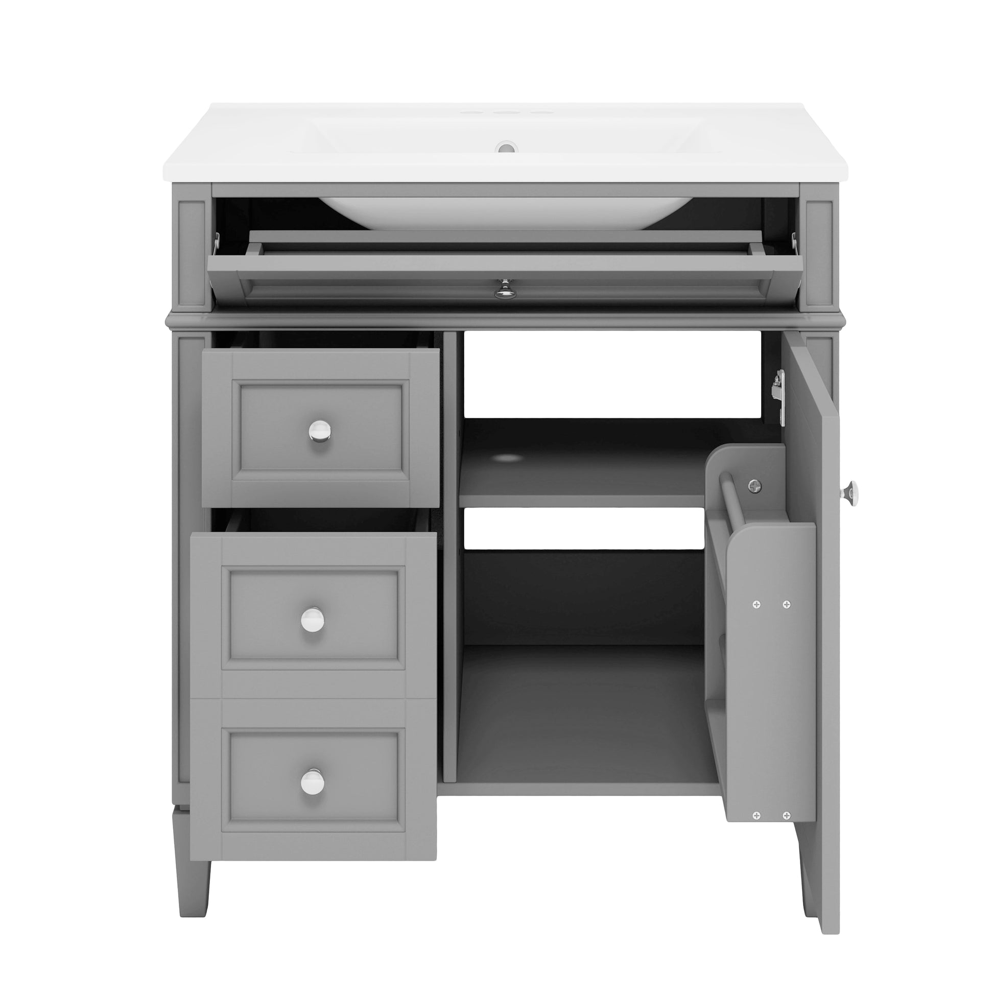 30'' Bathroom Vanity With Top Sink, Modern Bathroom Storage Cabinet With 2 Drawers And A Tip Out Drawer, Freestanding Vanity Set With Mirror Cabinet, Single Sink Bathroom Vanity Grey Bathroom Solid