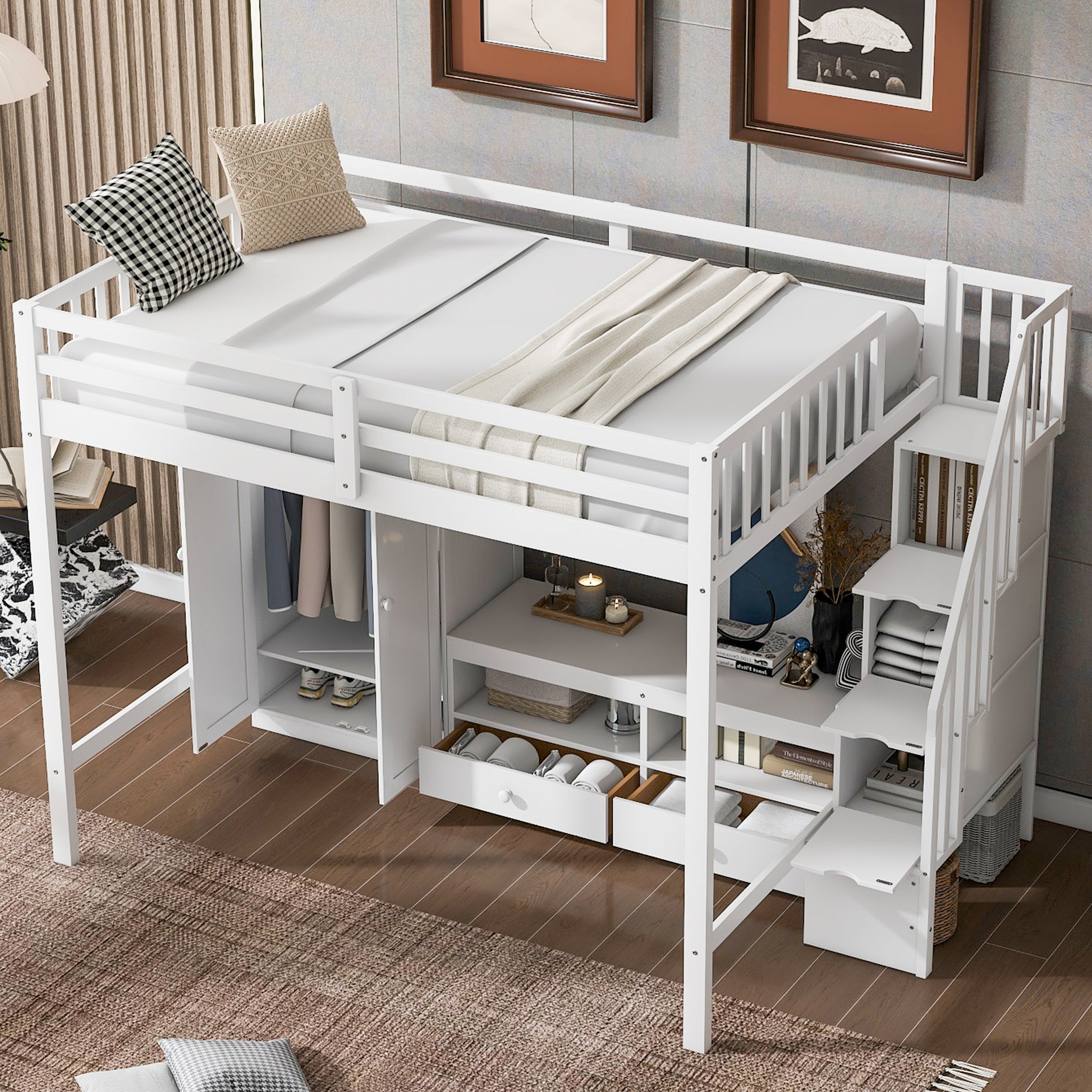 Full Size Loft Bed Frame With Wardrobe,Low Storage Table And Storage Staircase,White Gray White Solid Wood Mdf