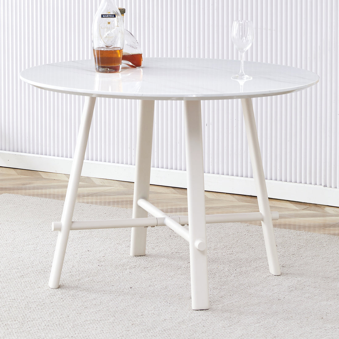 A Modern Minimalist Circular Dining Table With A 42 Inch Diameter White Patterned Tabletop And White Metal Legs. Suitable For Restaurants, Living Rooms, And Conference Rooms. White Mdf Metal