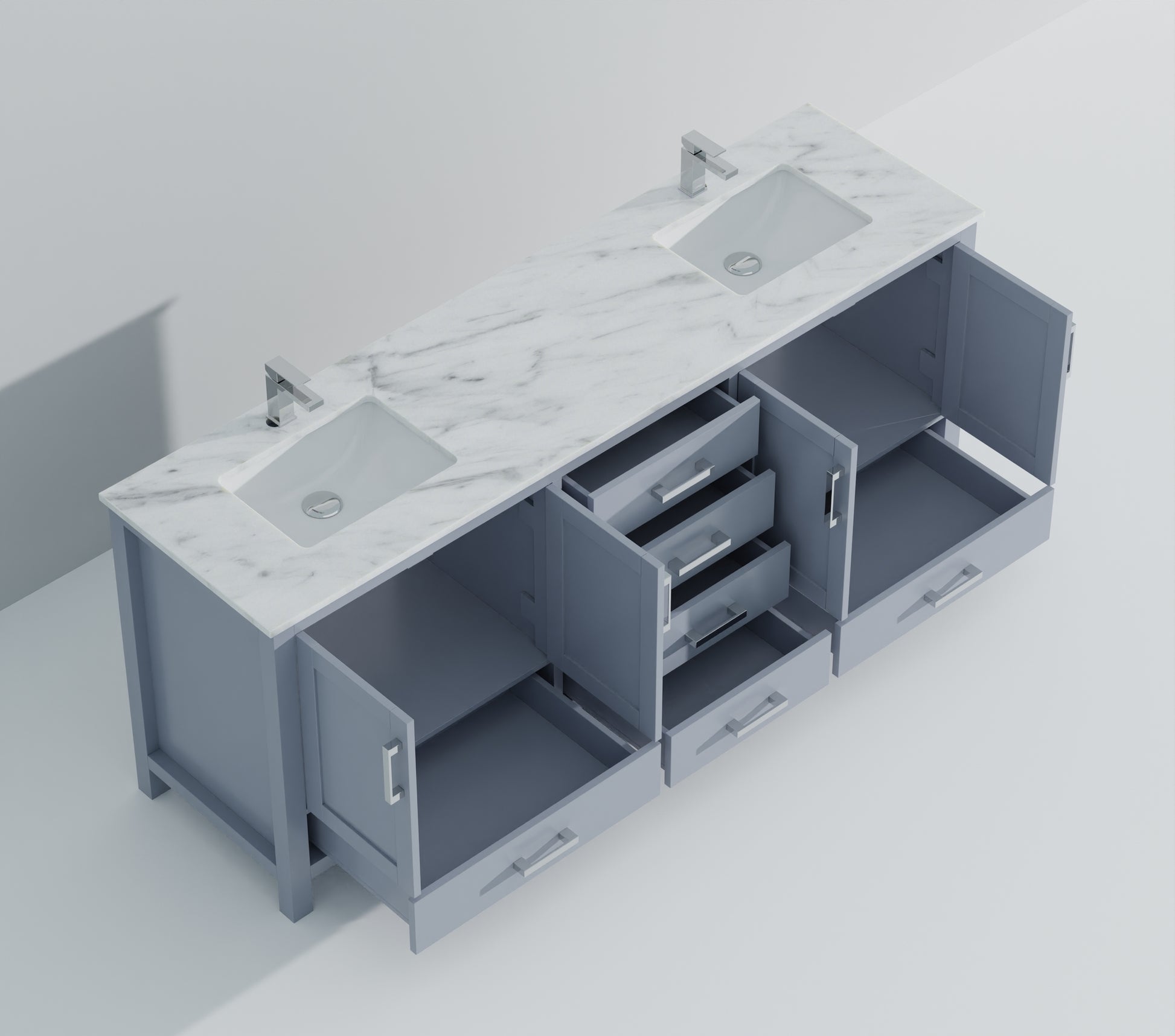 Dark Grey Double Bath Vanity 84 In. W X 22 In. D, Carrara Marble Top, And Faucet Set Dark Grey Plywood Wood