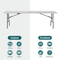 8Ft Folding Table Outdoor Indoor Heavy Duty Portable Table With Carrying Handle For Camping Picnic Party White Metal & Wood