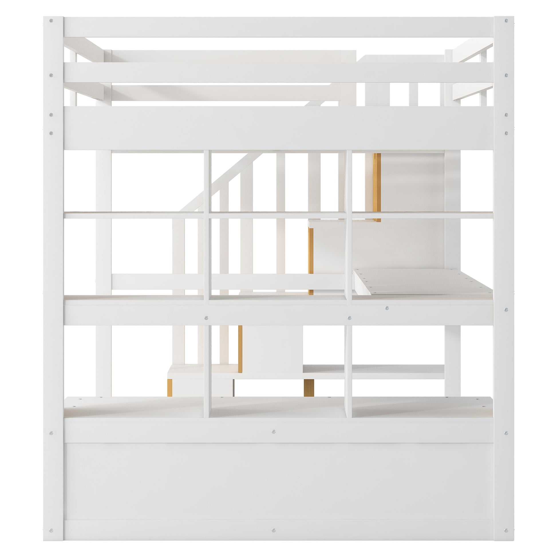 Full Size Loft Bed With Desk And Shelves, Two Built In Drawers, Storage Staircase, White Full White Plywood,Solid Wood Mdf