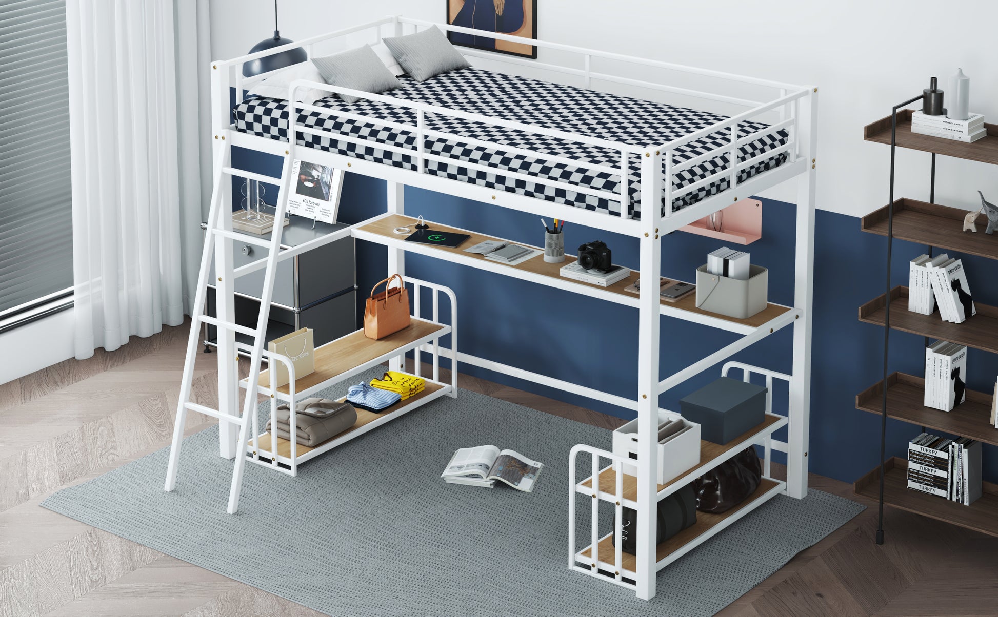 Twin Size Metal Loft Bed With Desk, Storage Shelves And Charging Station, White Box Spring Not Required Twin White Metal Mdf Metal