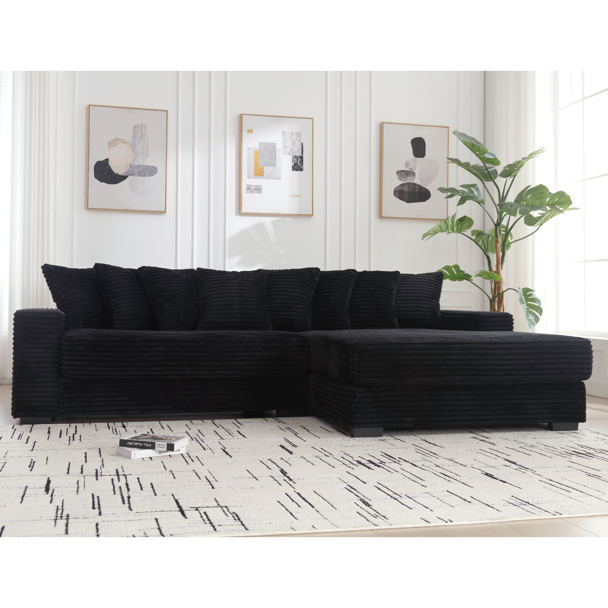 Arrived Oversized Two Piece Couches, L Shaped Sofa, Corduroy, Right Chaise Daybed,With Armrests,Eight Throw Pillows,Corner Sofa,Easy To Assemble, Black Black Polyester Wood Primary Living Space