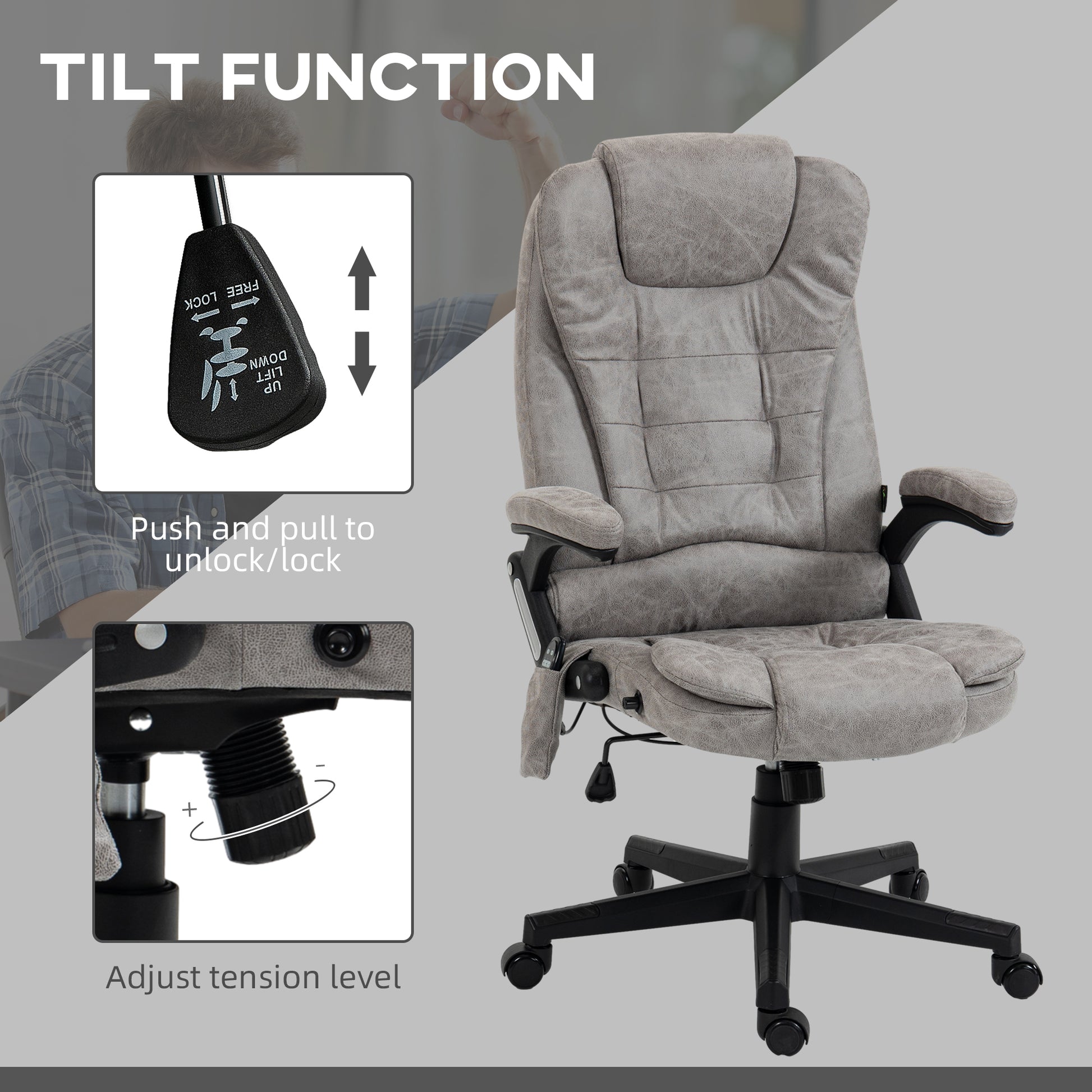 Homcom 6 Point Vibrating Massage Office Chair With Heat, Microfiber High Back Executive Office Chair With Reclining Backrest, Padded Armrests And Remote, Gray Grey Polyester