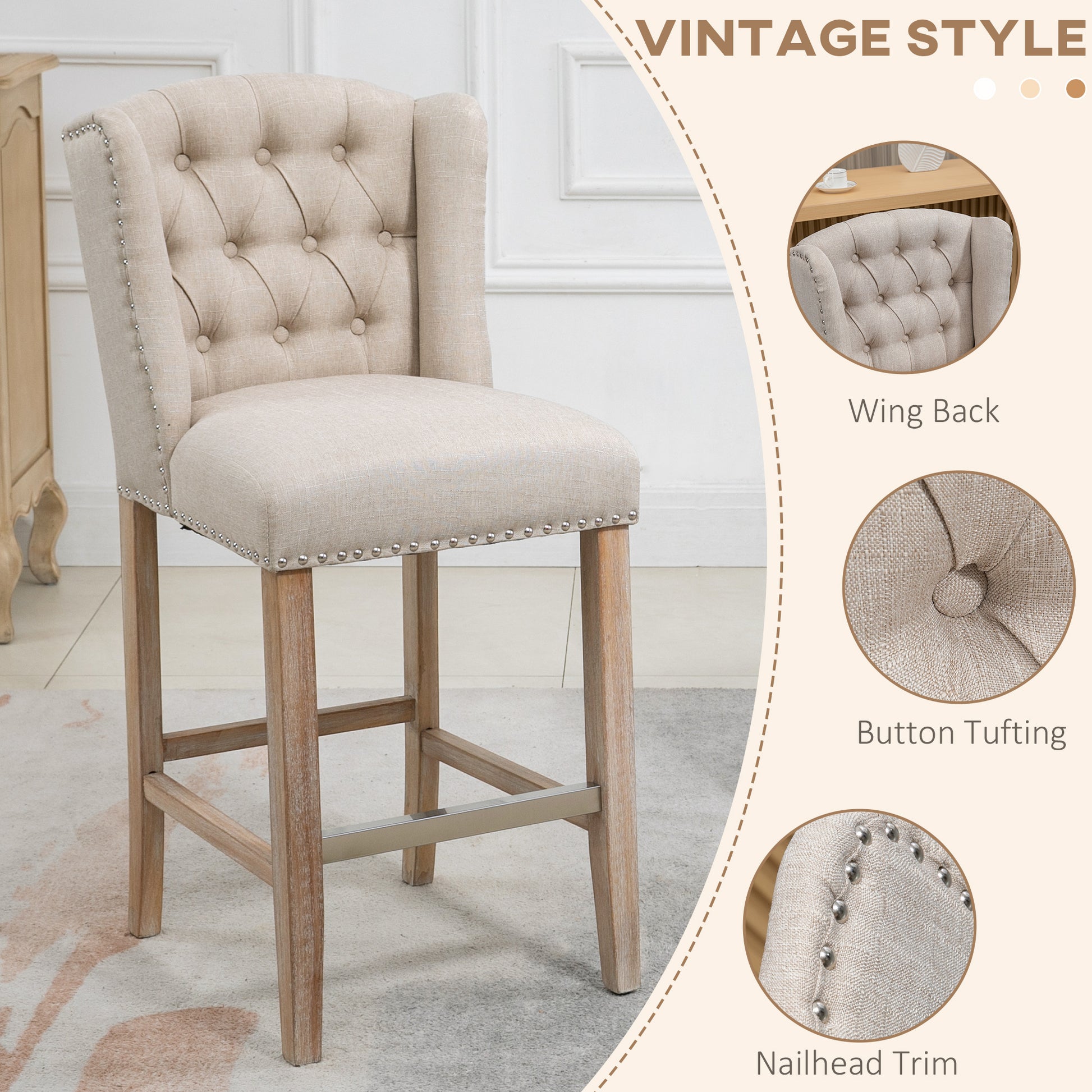 Homcom Counter Height Bar Stools Set Of 2 With Wood Legs, Beige Beige Polyester
