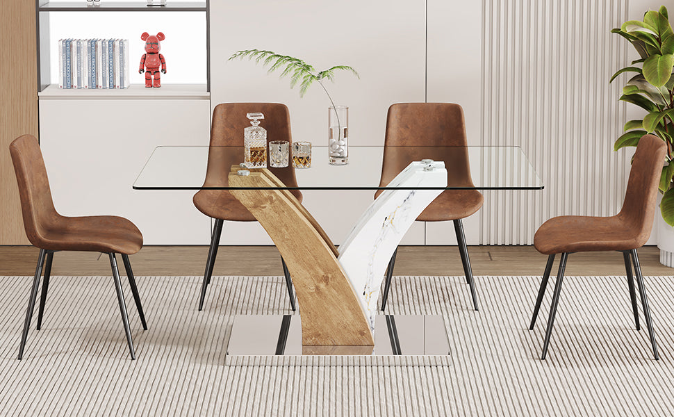 Table And Chair Set.Modern Dining Table, Tempered Glass Countertop With Artistic Mdf Legs.Paried With 4 Brown Chairs With Suede Backrests And Black Metal Legs.Suitable For Various Styles. Black Brown,Transparent Seats 4 Mdf Metal