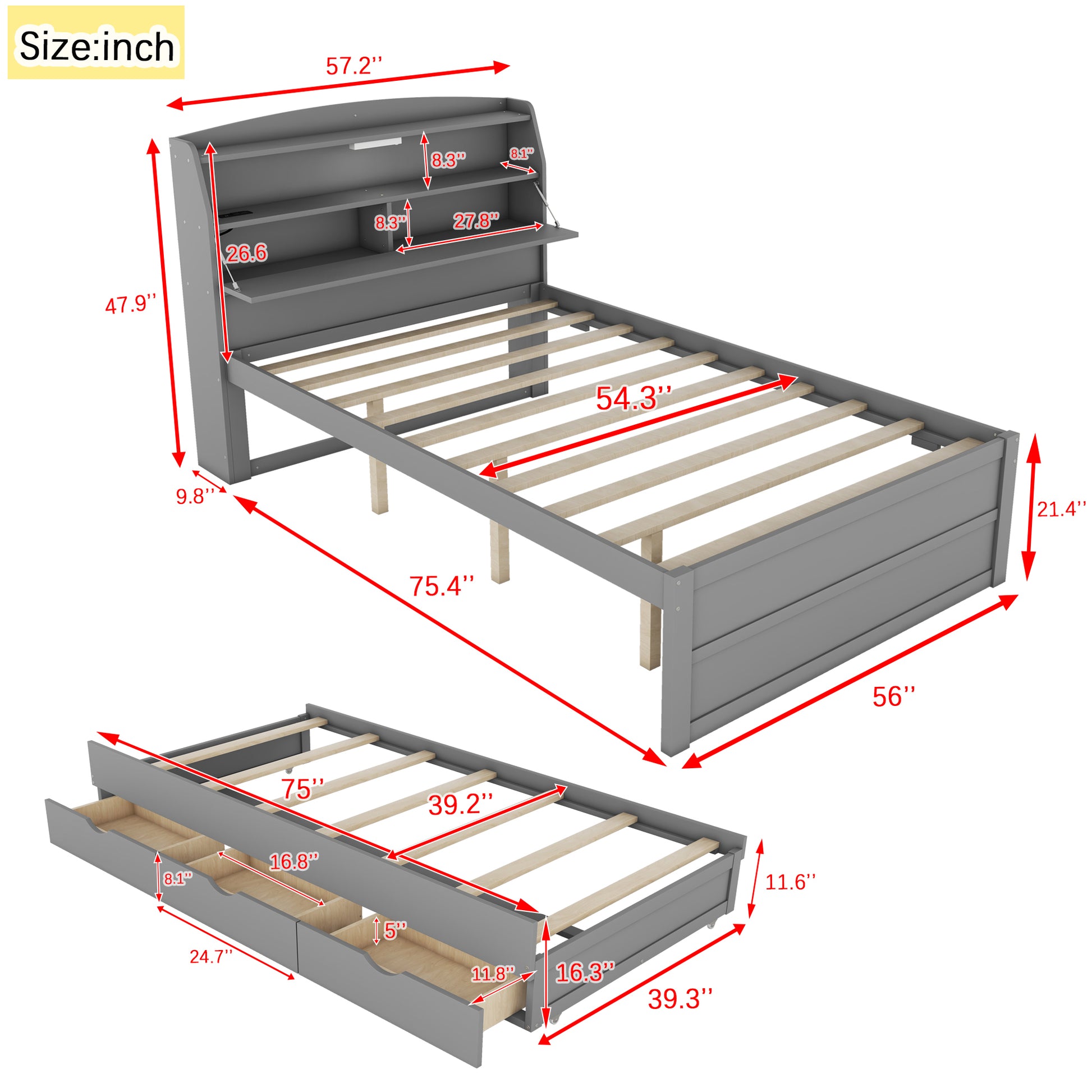 Full Size Wooden Led Platform Bed With Trundle, With Storage Headboard, With Drawers, Gray Full Gray Plywood