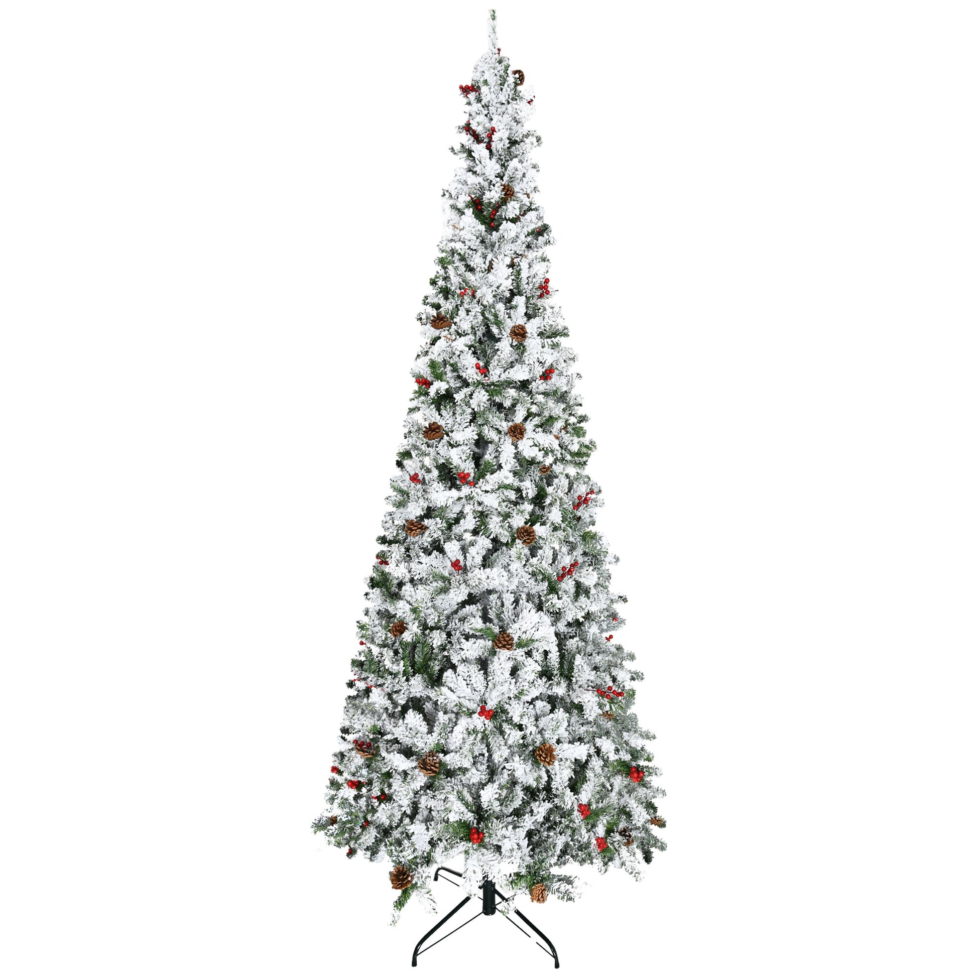 Homcom 9 Foot Pencil Snow Flocked Artificial Christmas Tree With Pine Realistic Branches, Pine Cones, Red Berries, Auto Open, Green Green Plastic