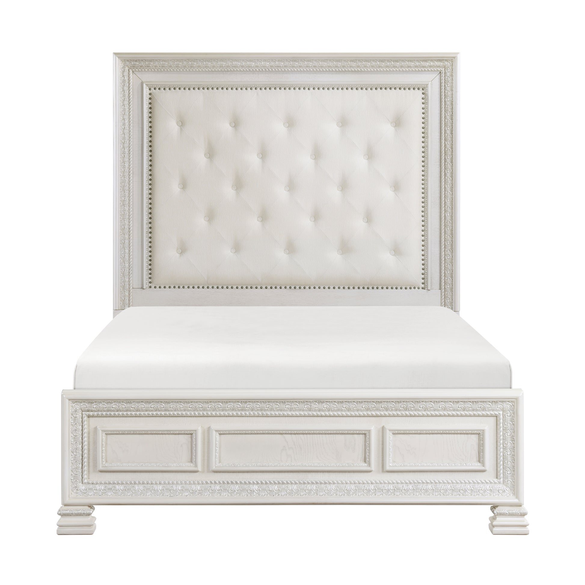 Classic Luxury Pearl White Finish King Bed Button Tufted Upholstered Headboard Bedroom Furniture 1Pc, Dart Molding Design Panels Box Spring Required King White Wood Bedroom Bed Frame Polyester Wood