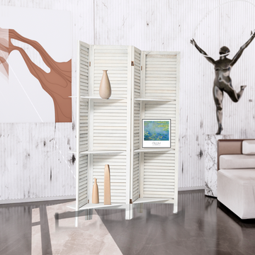 Room Divider 4 Panel, White Room Divider With Shelves, Wall Room Dividers And Folding Privacy Screens, Portable Room Partitions And Dividers For Bedroom, Home Office, Studio White White Modern Wood