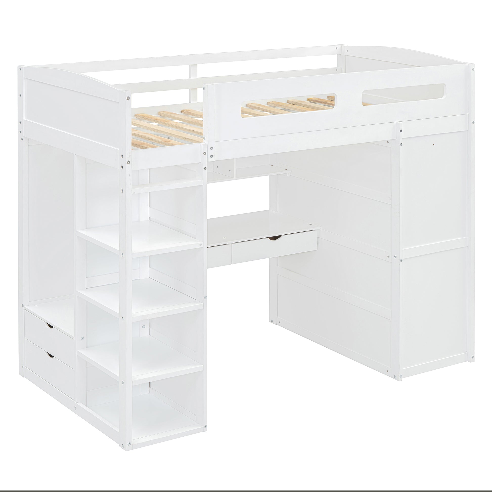 Twin Size Loft Bed With Desk, Wardrobes, 4 Drawers And 4 Shelves White Twin White Solid Wood