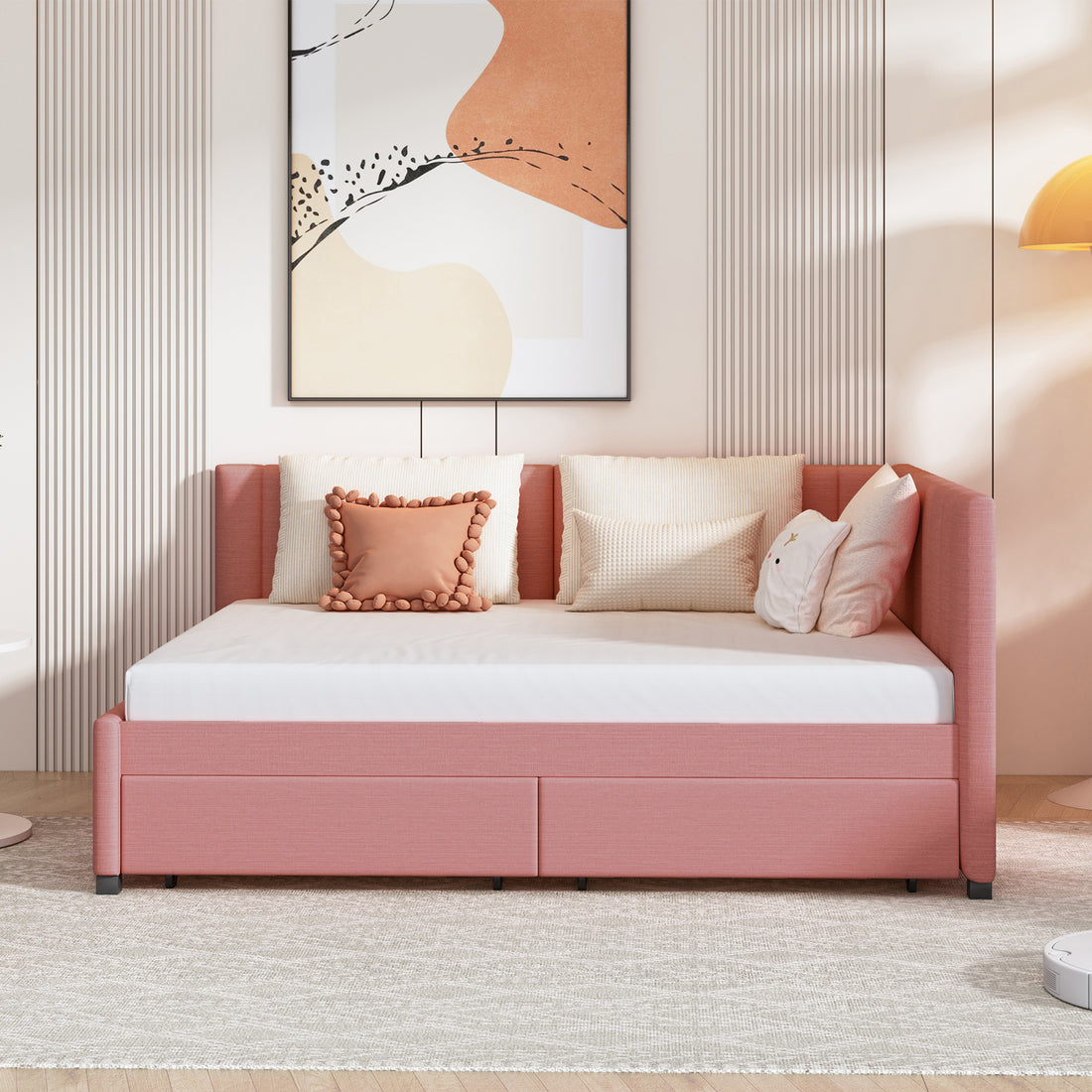 Full Size Upholstered Daybed With 2 Storage Drawers Sofa Bed Frame No Box Spring Needed, Linen Fabric Pink Full Pink Linen