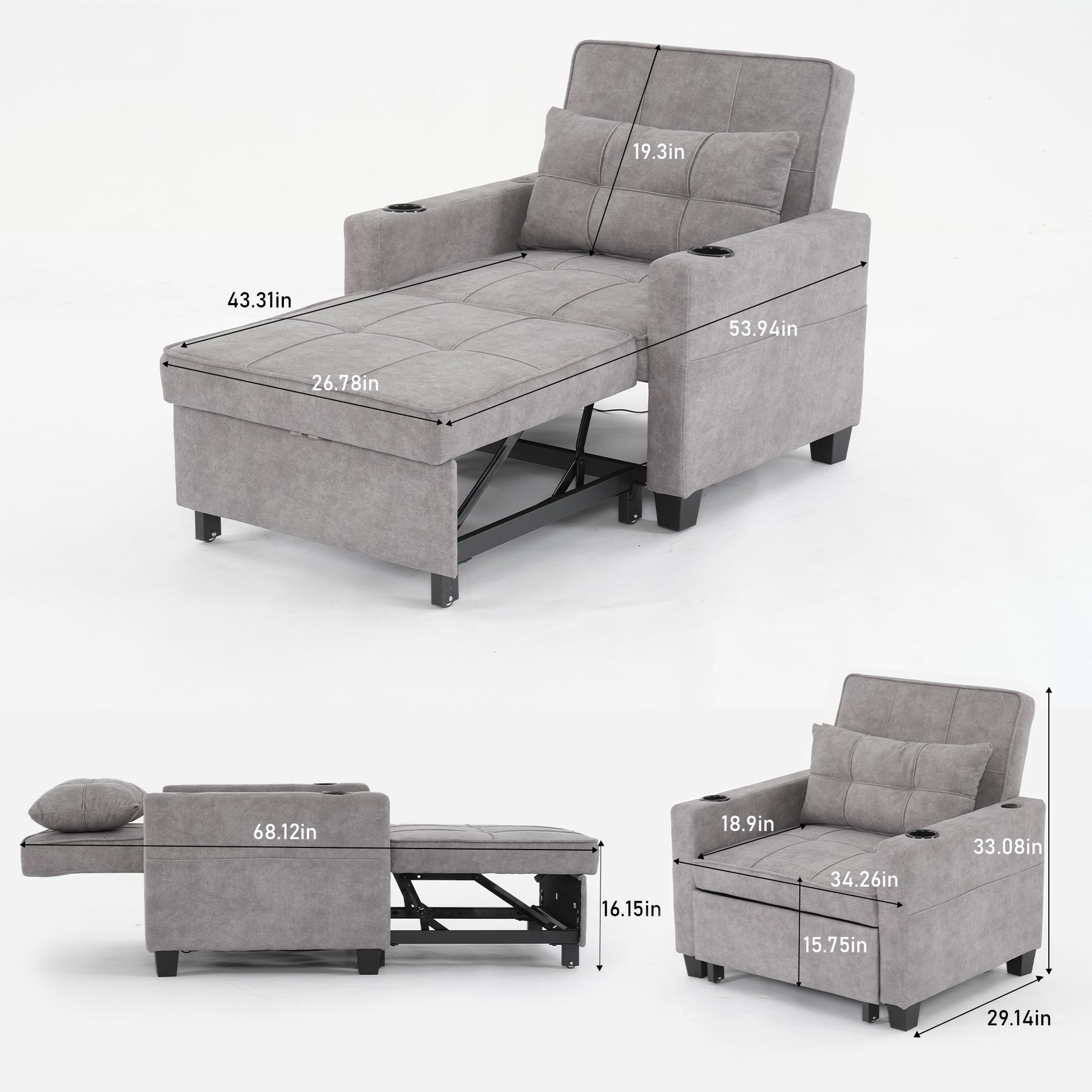 Futon Chair Bed Convertible Chair 3 In 1 Pull Out Sleeper Chair Beds With Usb Ports,Wear Resistant And Anti Scratch, Armchair Bed Sleeper For Living Room Light Grey Scratch Cloth Light Grey Foam Tech Cloth 1 Seat