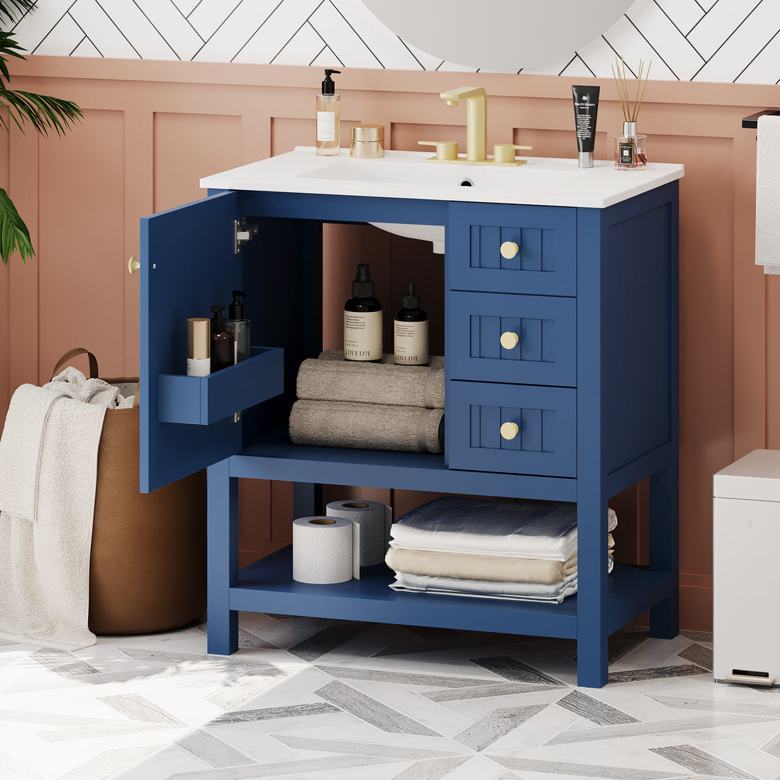 30Inch Transitional Style Bathroom Vanity Cabinet Combo With Ceramic Sink Blue Bathroom Solid Wood Mdf
