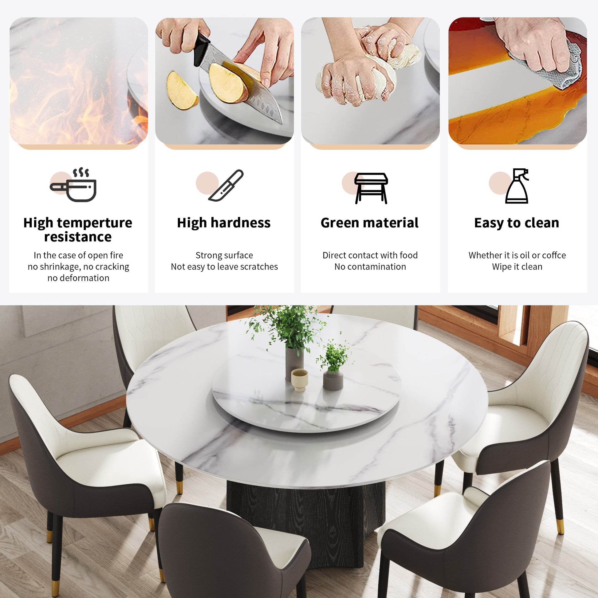 59.05" Round Marble Dining Table With Black Textured Solid Wood Base, Artificial Marble For 6 8 People, 31.5"White Artificial Stone Turntable,White Dining Table Only Black,White Dining Room Modern