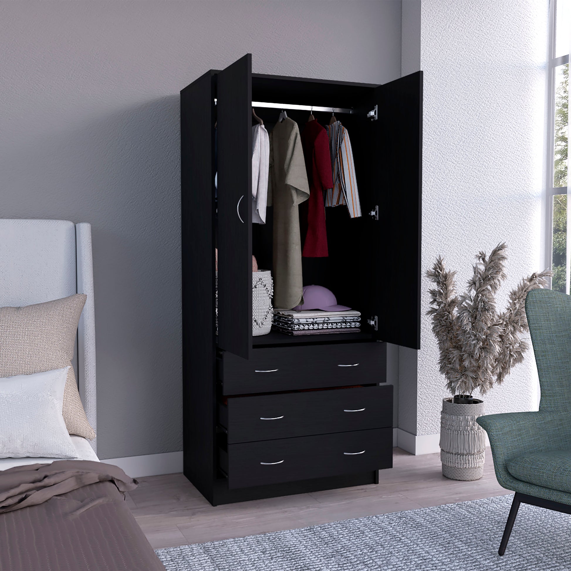 Taly Armoire With Double Doors, 3 Drawers, And Hanging Rod Black Black Particle Board