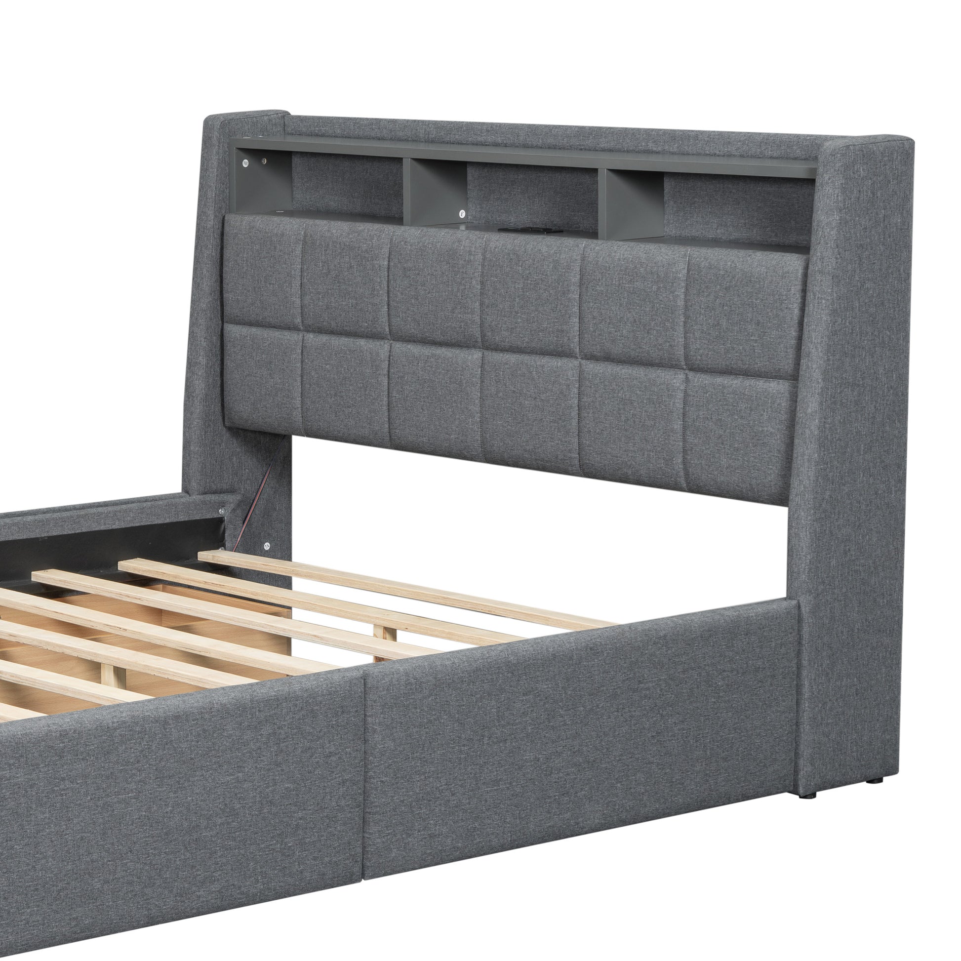 Queen Size Upholstered Platform Bed With Storage Headboard, Led, Usb Charging And 4 Drawers, Gray Queen Box Spring Not Required Gray Wood Linen Upholstered