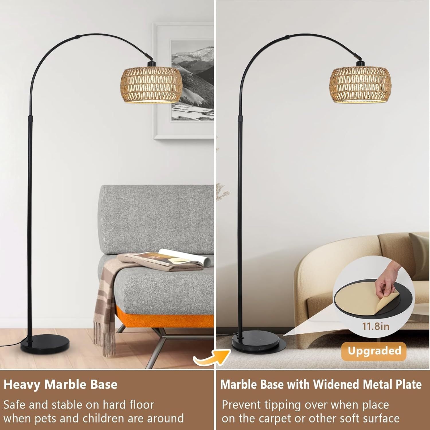 Arc Floor Lamps For Living Room With 3 Color Temperatures, Black Standing Lamp With Remote & Dimmable Led Bulb, Rattan Boho Floor Lamp, Farmhouse Tall Lamp For Bedroom, Over Couch Arched Reading Light Brown Black Rattan Metal