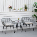 Outsunny 3 Piece Patio Set, Outdoor Bistro Furniture, Pe Rattan Wicker Table And Chairs, Cushioned, Hand Woven, Modern Look With Tempered Glass For Garden, Porch, Pool, Backyard, Cream White Gray White Matte Steel