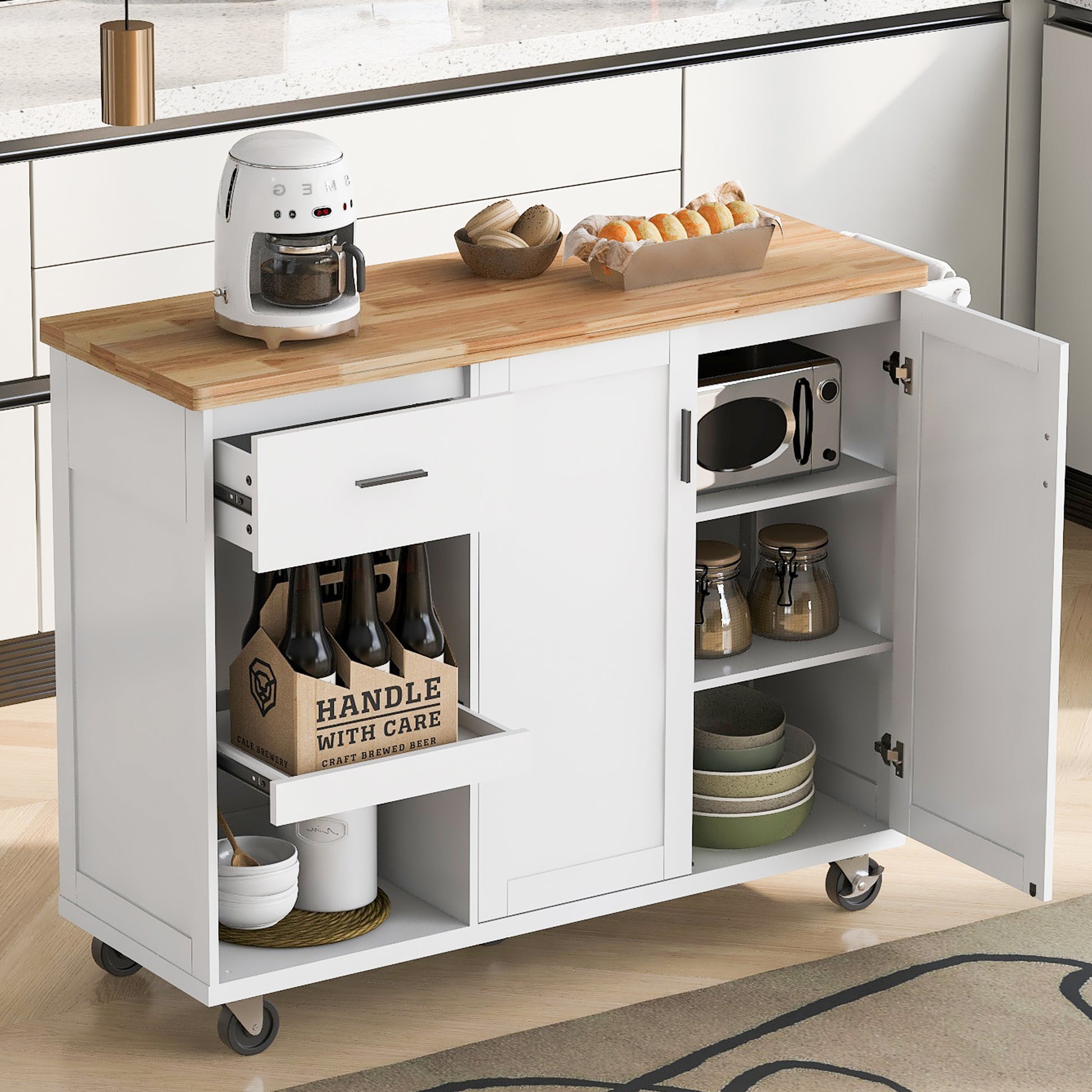 K&K Kitchen Island With Foldable Counter Top, Kitchen Storage Cart With Slide Out Shelf, Towel Rack And Drawer, Rolling Kitchen Cart On Wheels, For Kitchen, Living Room, Dining Room, White White Brown Kitchen Classic,Farmhouse,Luxury,Modern Rectangular