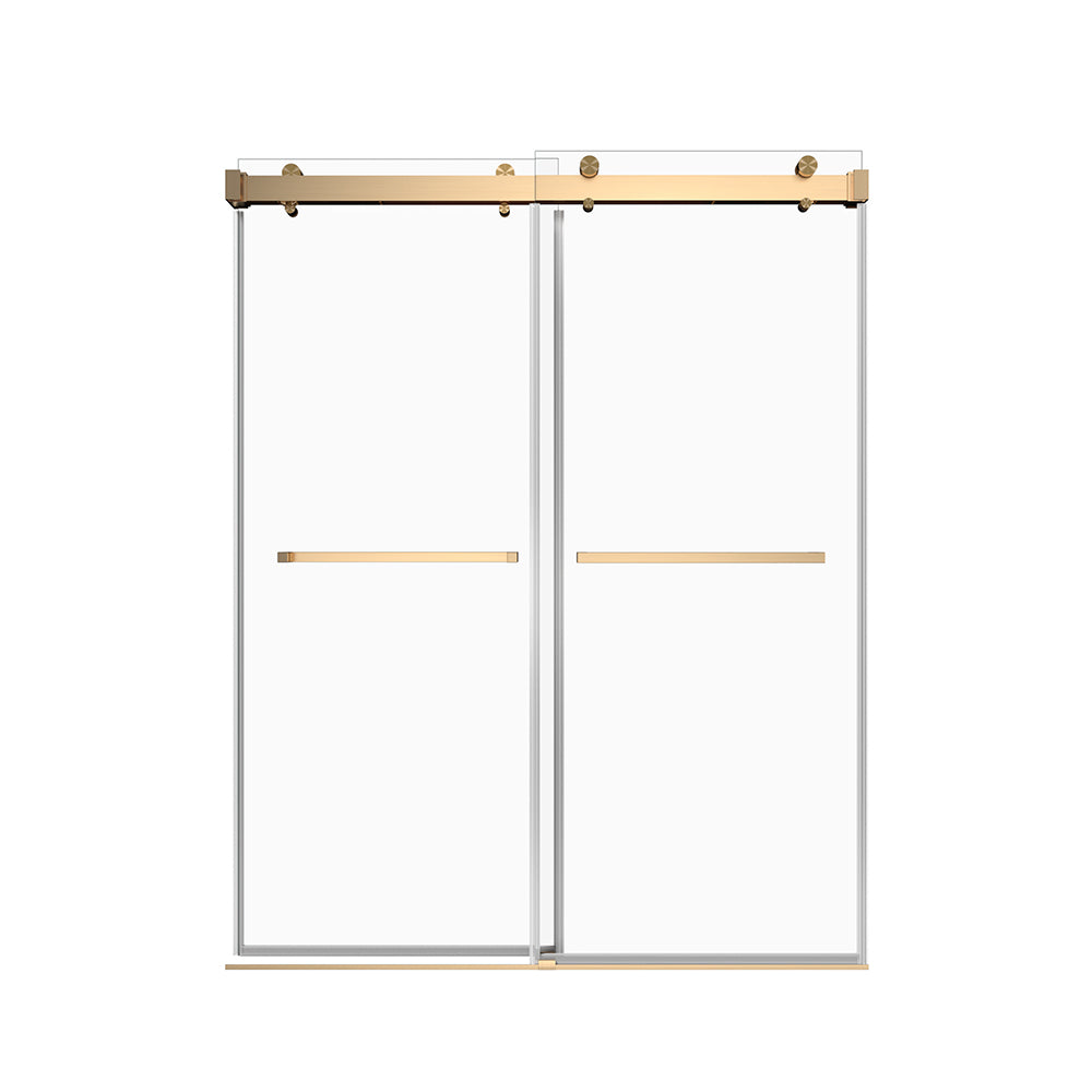 62'' 66'' W X 76'' H Soft Closing Double Sliding Frameless Shower Door With 3 8 Inch 10Mm Clear Glass In Brushed Gold Brushed Gold Stainless Steel