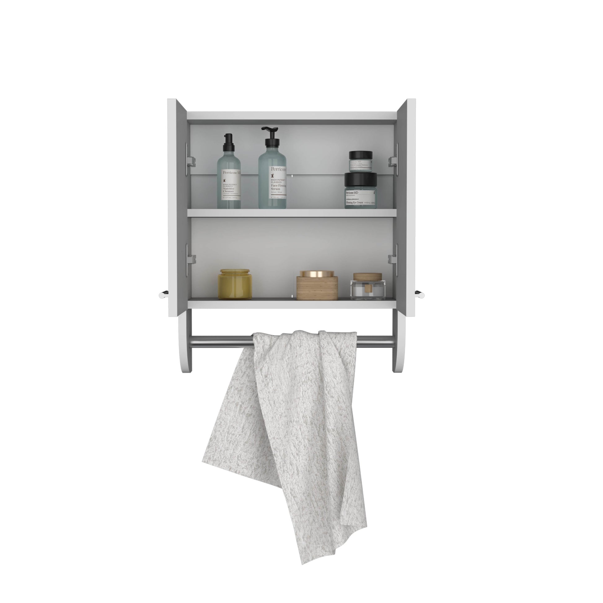 Optim Medicine Cabinet With Towel Holder 17.4" Wide Medice Cabinet Organizer With Two Interior Shelves And Tower Holder For Bathroom, Kitchen, Mudroom White Modern Particle Board