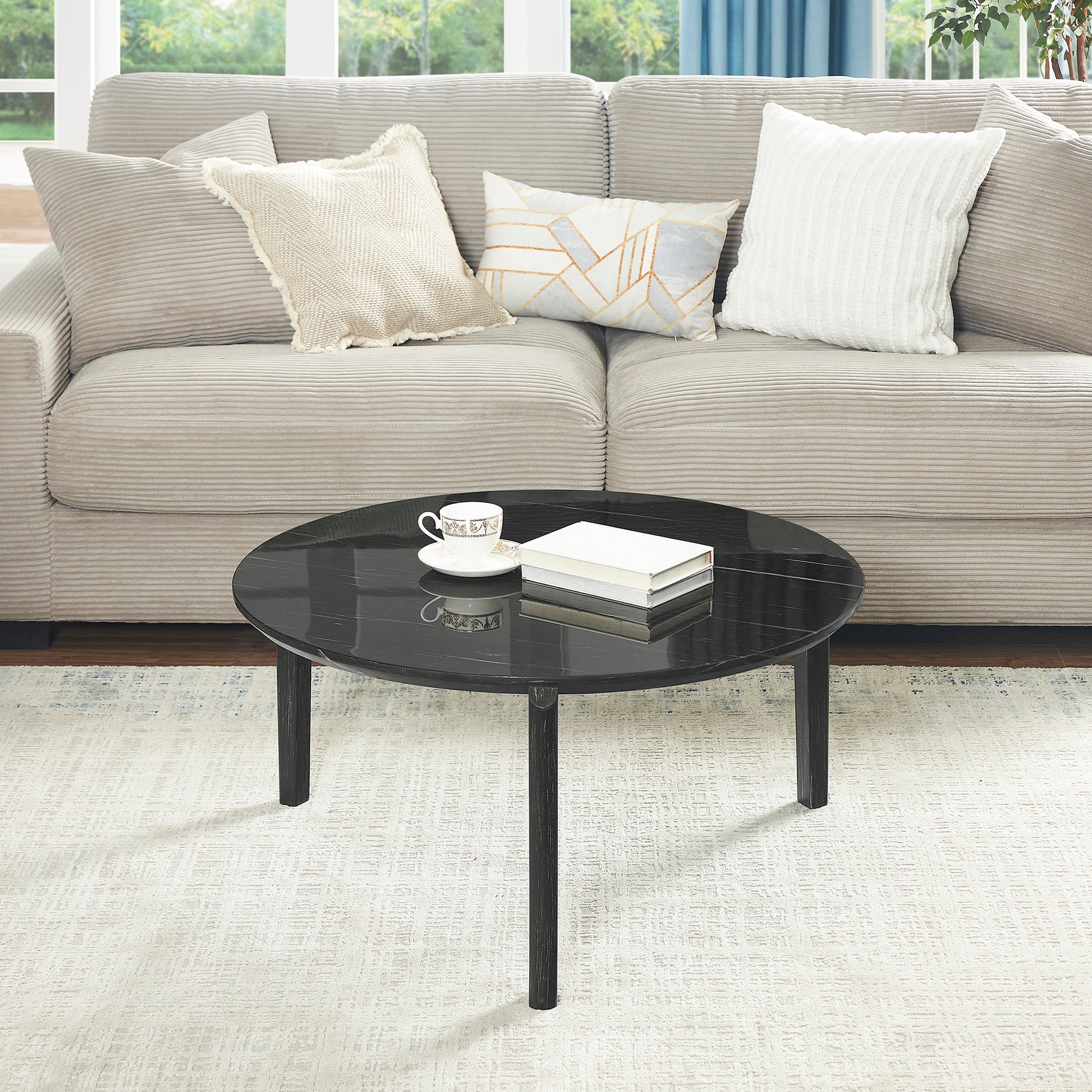 Living Room Coffee Table: Modern And Stylish 36 Inch Round Small Coffee Table, Imitation Marble Tabletop With Rubber Wood Solid Wood Legs, Wooden Coffee Table, Living Room, Office, Home Black Solid