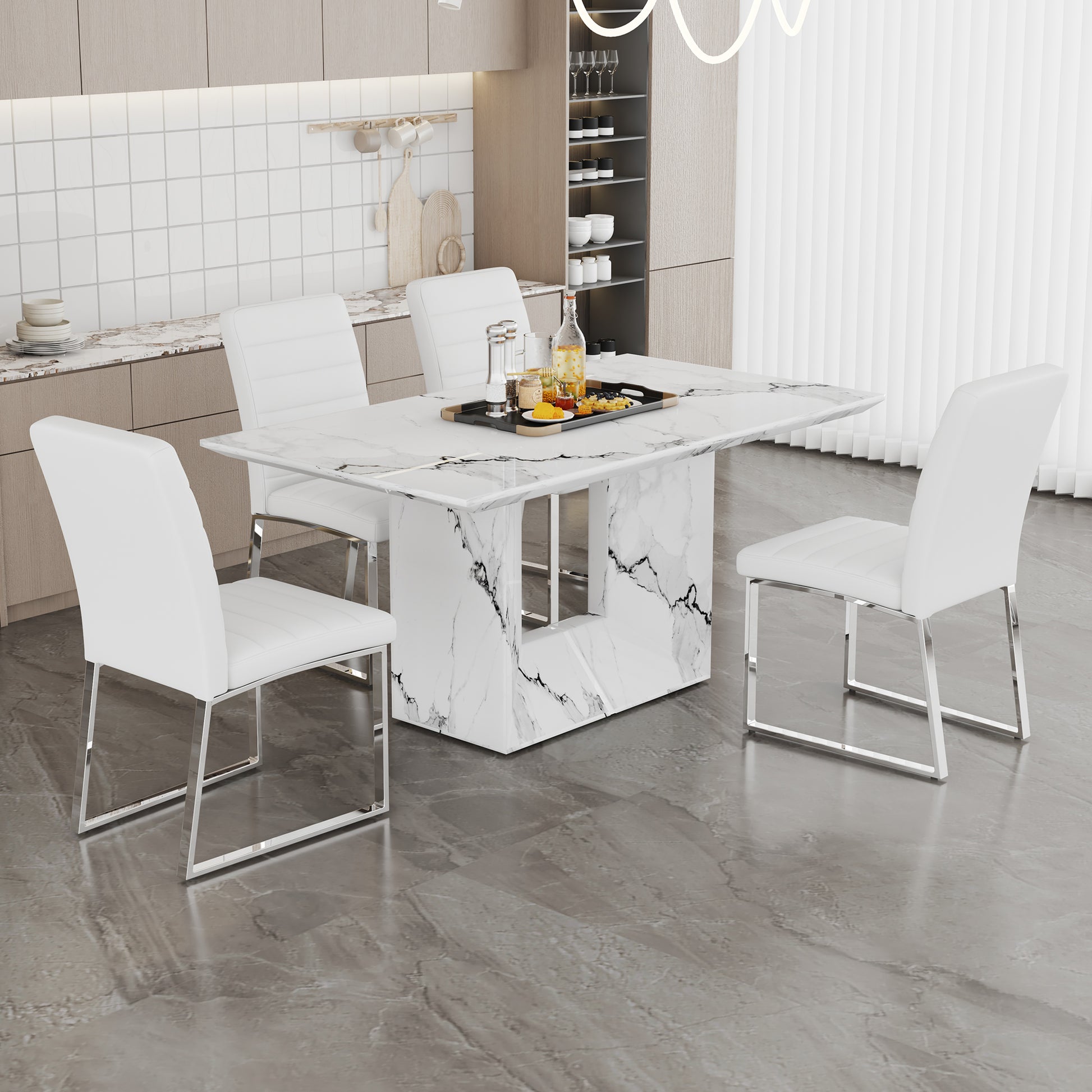 Table And Chair Set.63"X35.4" White Marble Patterned Mdf Dining Table Set With 4 Armless White Pu Chairs.The Backrest Of The Dining Chair Is Designed With Multiple Horizontal Stripes. White Seats 4