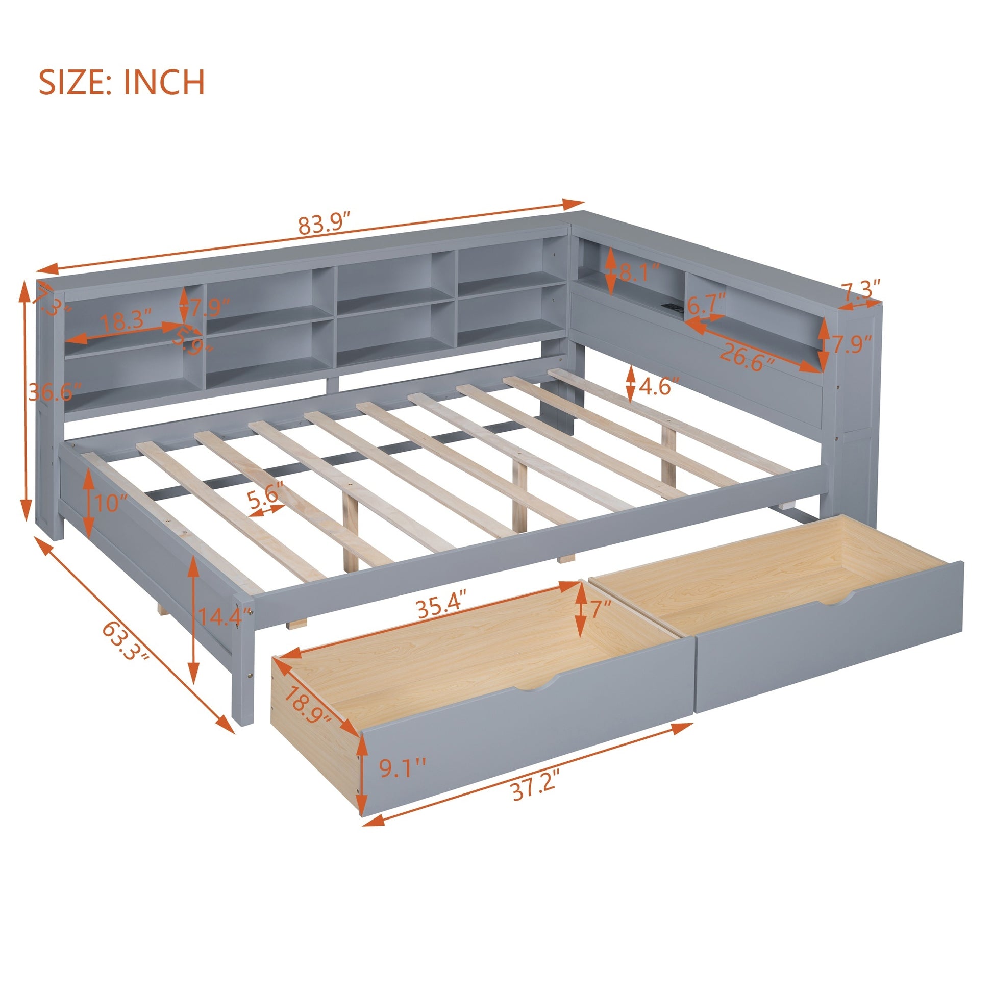 Wooden Full Size Daybed With 2 Drawers, Daybed With Storage Shelf And Usb Charging Ports,Grey Full Grey Wood