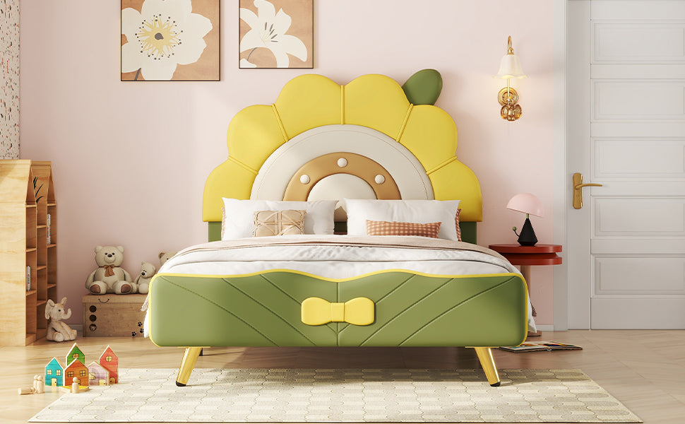 Twin Size Upholstered Platform Bed With Sunflower Shaped Headboard, Green Box Spring Not Required Twin Green Wood Bedroom Bed Frame Faux Leather Upholstered