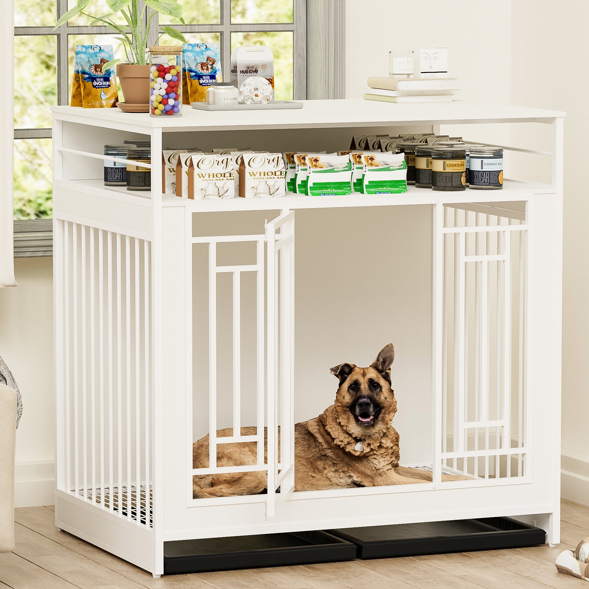 43.3 Inch Dog Crate Furniture For Large Dogs,Wooden Dog Crate With Divider,Double Door Dog Kennel With Three Drawers Storages,Heavy Duty Dogs Decorative Pet House For Large Medium Dogs ,White White