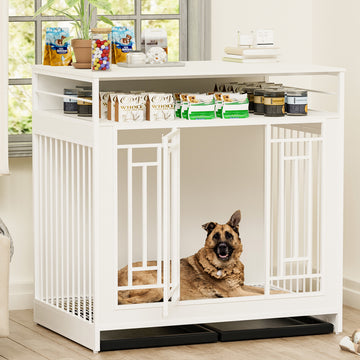 43.3 Inch Dog Crate Furniture For Large Dogs,Wooden Dog Crate With Divider,Double Door Dog Kennel With Three Drawers Storages,Heavy Duty Dogs Decorative Pet House For Large Medium Dogs ,White White