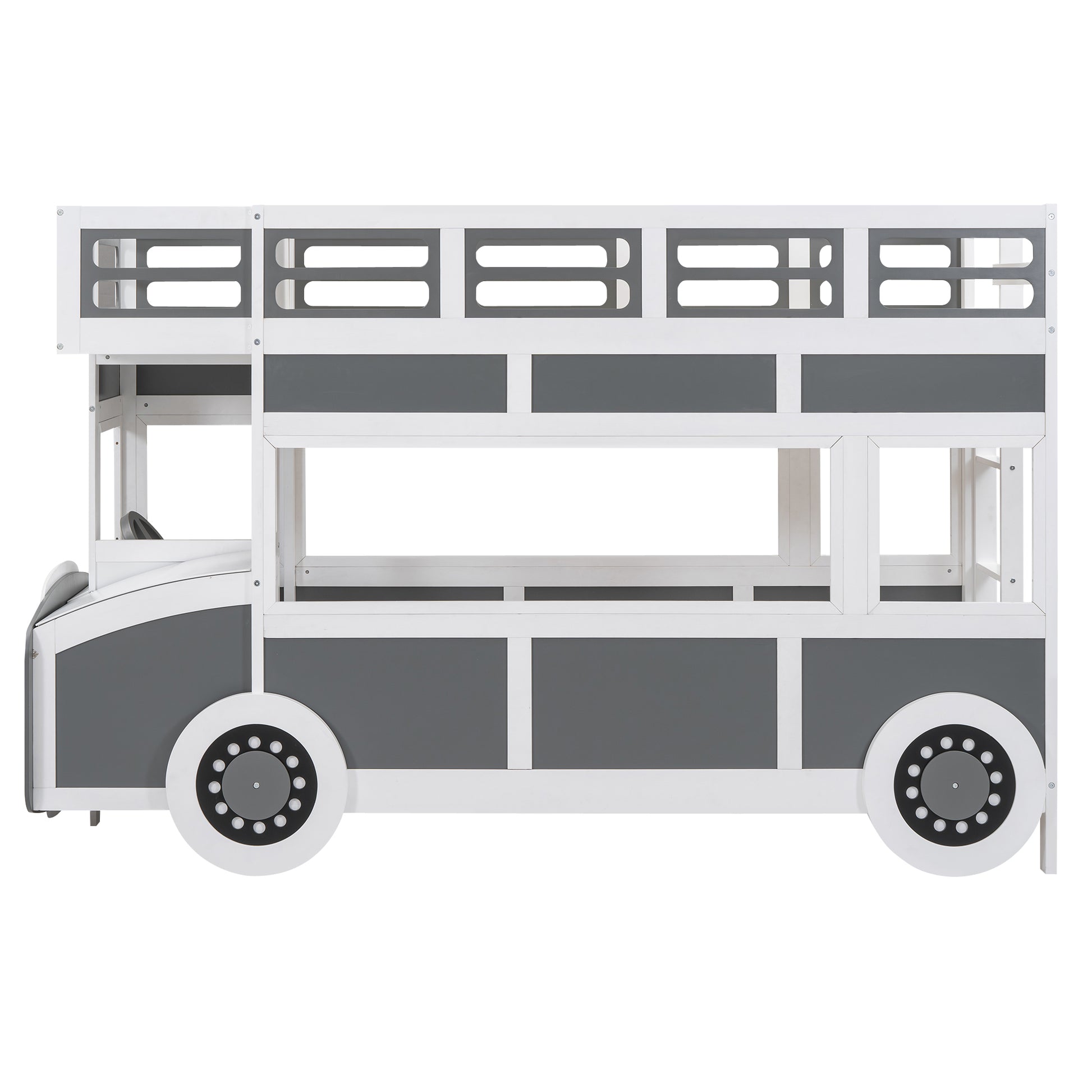 Twin Over Twin Bus Shaped Bunk Bed With Wheels And Storage, Gray White Box Spring Not Required Twin Grey White Wood Bedroom Solid Wood Mdf