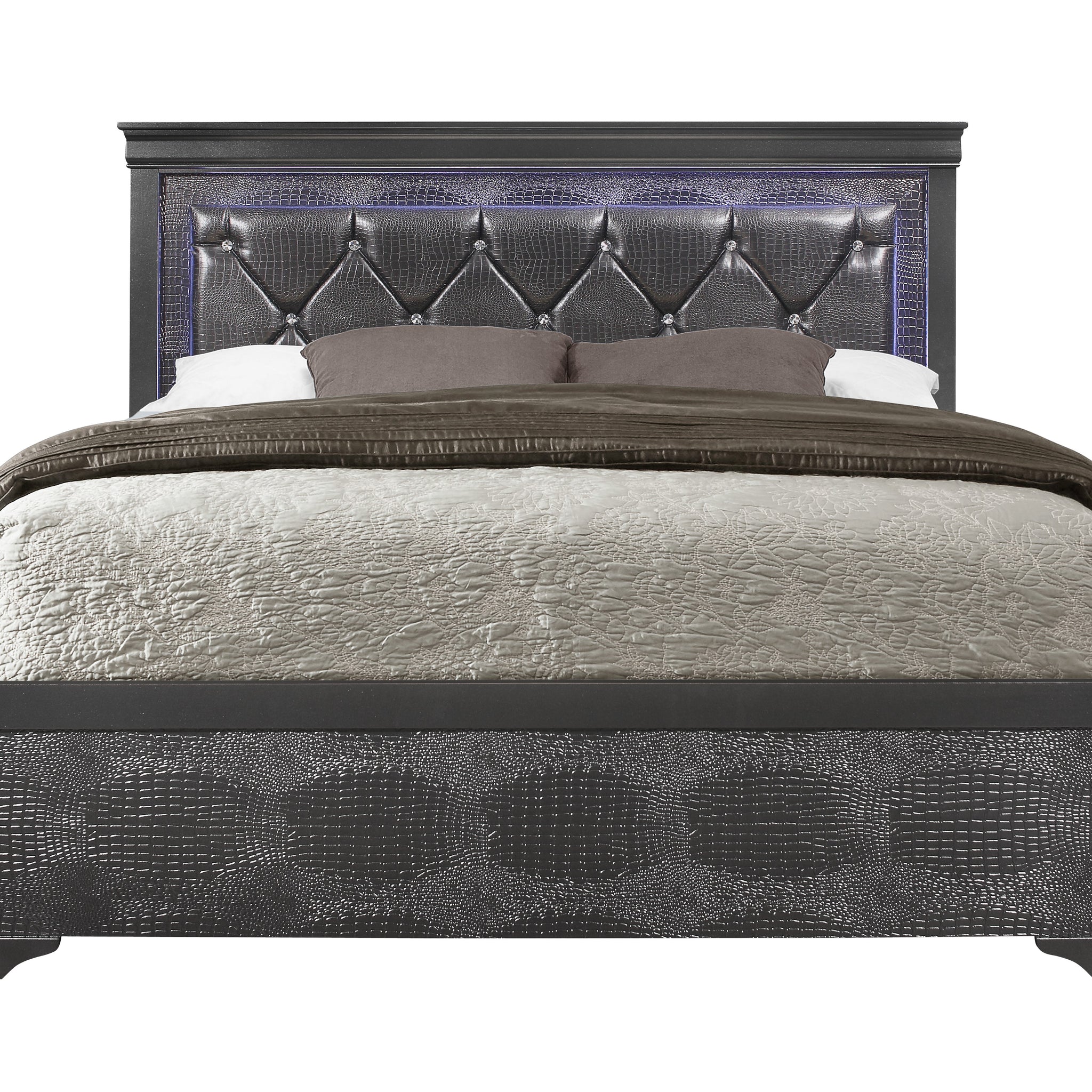 Shaker Crocodile Metallic Grey King Bed With Led Metallic Grey Solid Wood Mdf