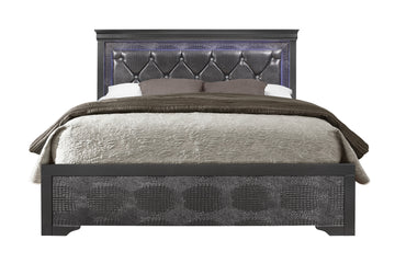 Shaker Crocodile Metallic Grey King Bed With Led Metallic Grey Solid Wood Mdf