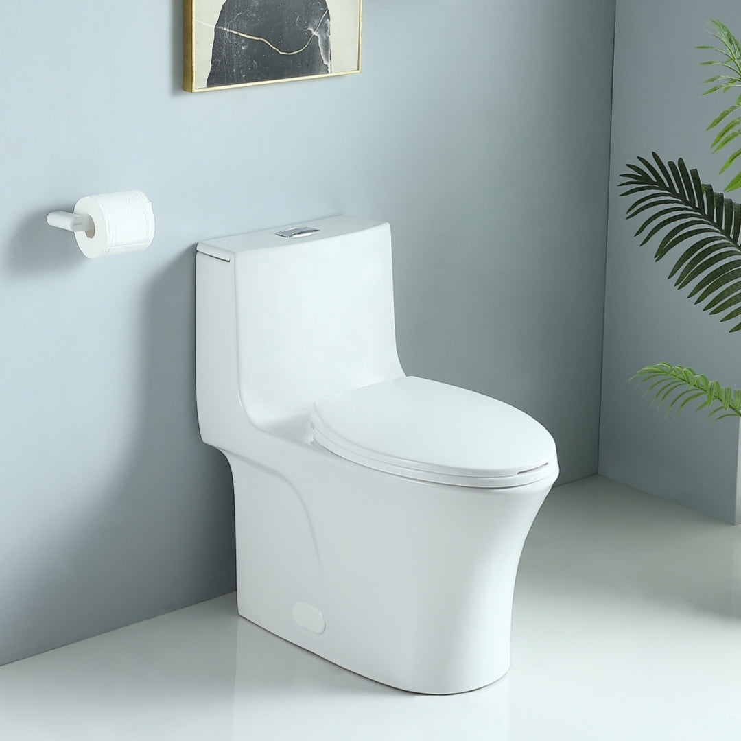 1.1 1.60 Gpf Dual Flush One Piece Toilet, Water Saving Elongated Comfort Height Floor Mounted, Soft Closing Seat, 1000 Gram Map Flushing Score Toilet, Glossy White 23T02 Gw White Ceramic