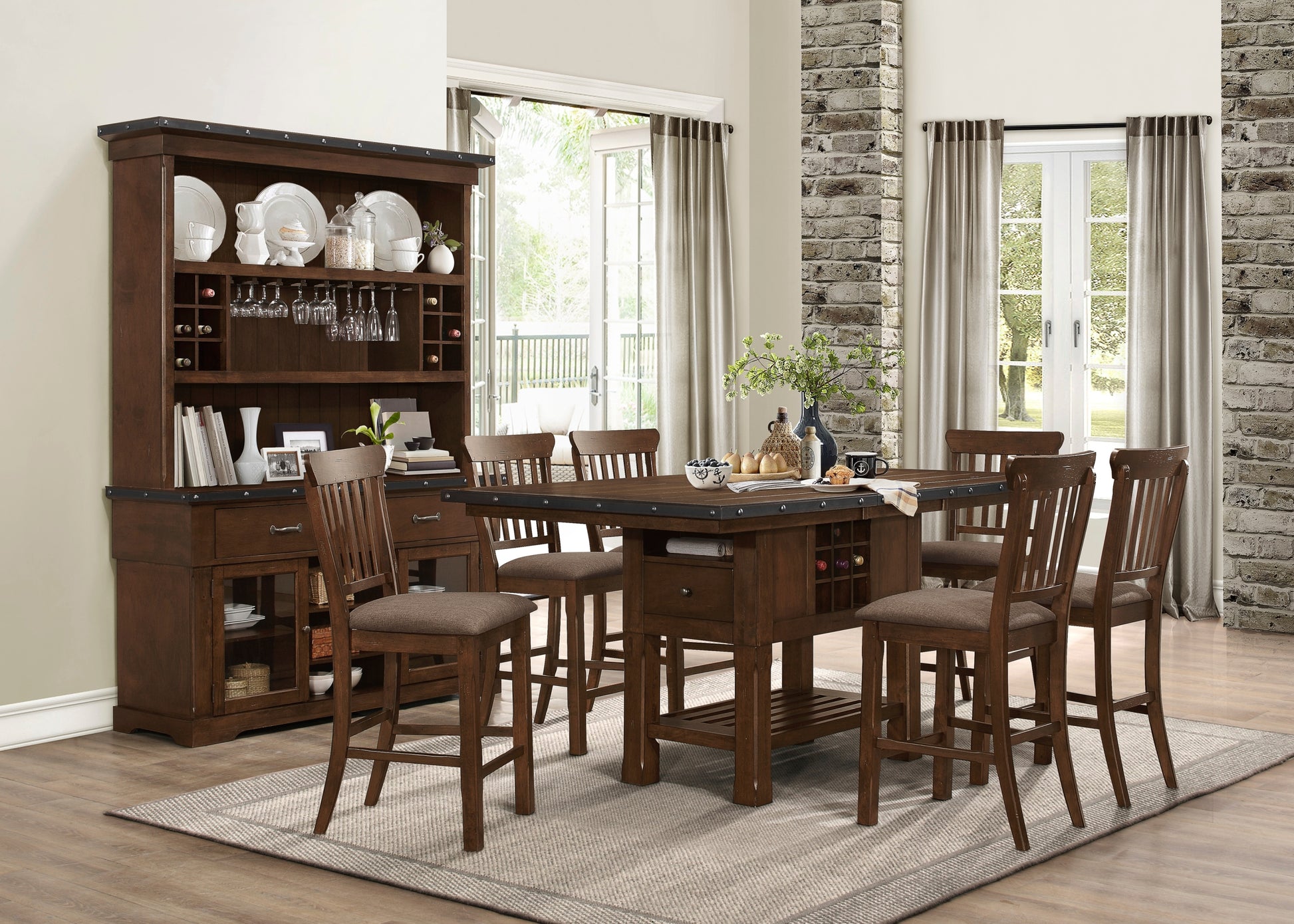 Dark Brown Finish 7Pc Dining Set Storage Base Counter Height Table And 6 Counter Height Chairs Set Extension Leaf Drawers Wine Rack Table Base Wooden Furniture Wood Wood Dark Brown Seats 6 Wood Dining Room Extendable Transitional Rectangular Dining Table