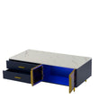 Modern Navy Blue Coffee Table With 2 Glass Door Storage, 4 Drawers, Gold Metal Legs, And Multi Color Lighting In 47.2'' Navy Blue Drawers Mdf