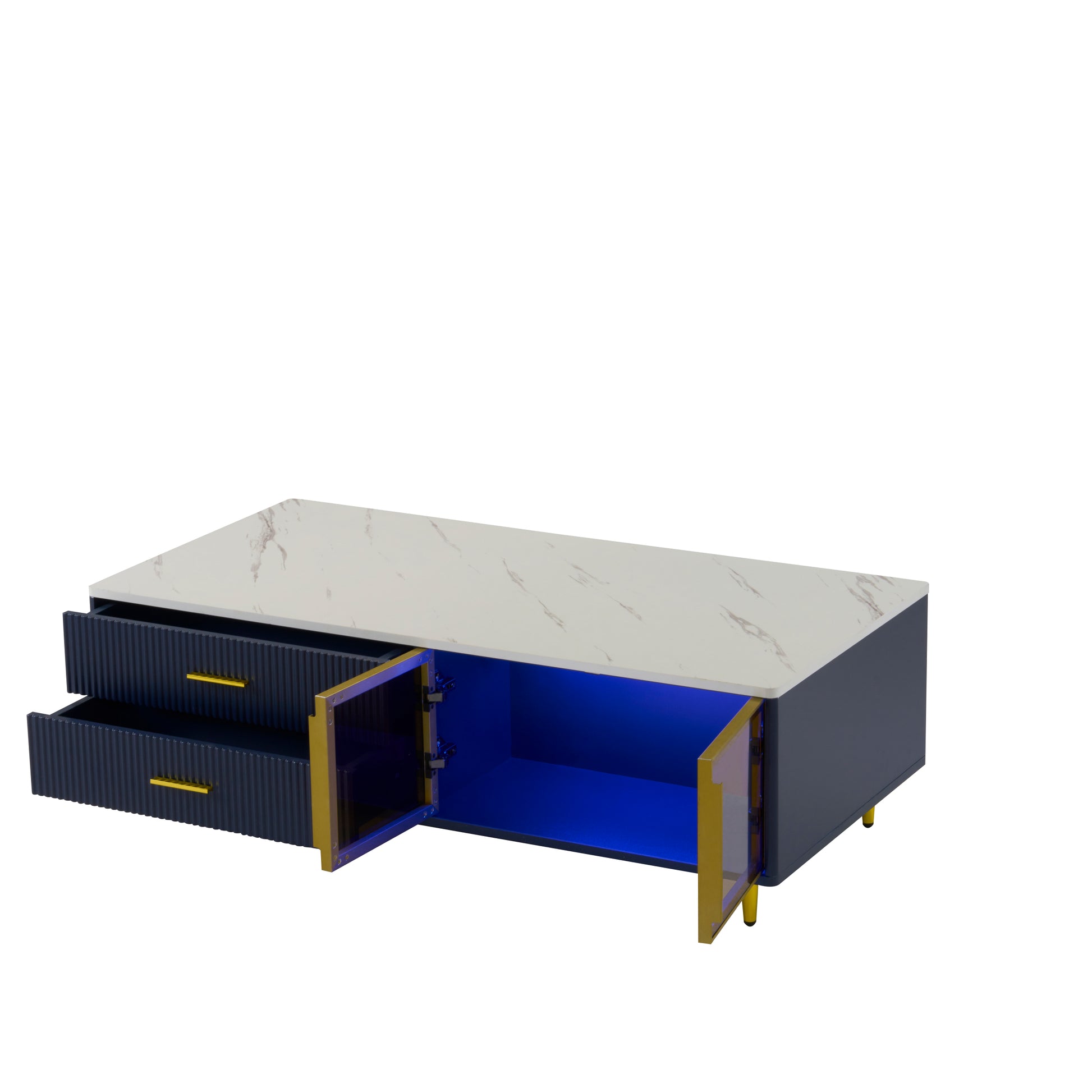 Modern Navy Blue Coffee Table With 2 Glass Door Storage, 4 Drawers, Gold Metal Legs, And Multi Color Lighting In 47.2'' Navy Blue Drawers Mdf