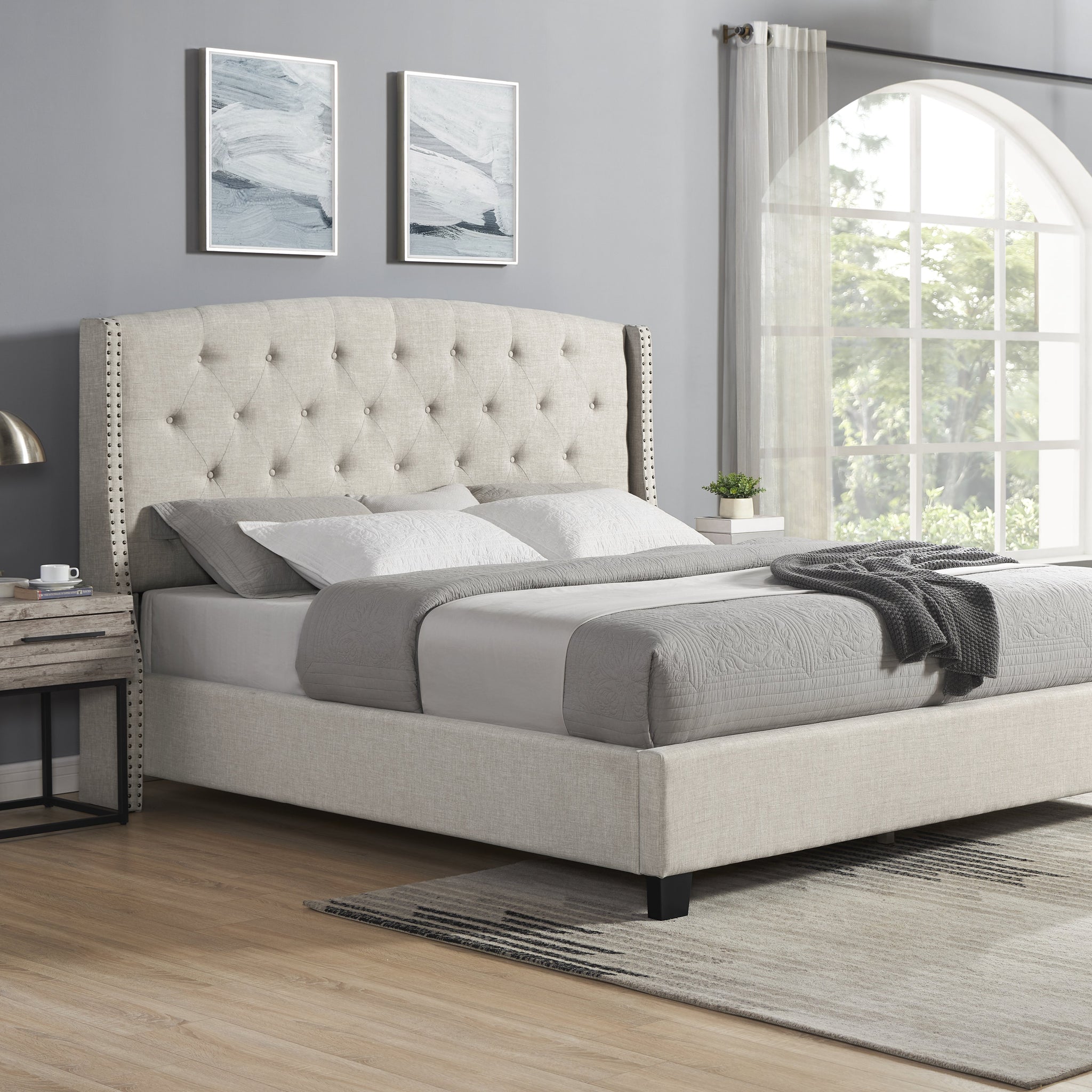 Astral 3 Piece Upholstered Bedroom Set, Tufted Wingback Bed With Two Gray Nightstands Box Spring Required Queen Beige Wood 3 Piece Set Bedroom Bed Included,Nightstand Included Contemporary Wood Tufted Polyester Engineered Wood