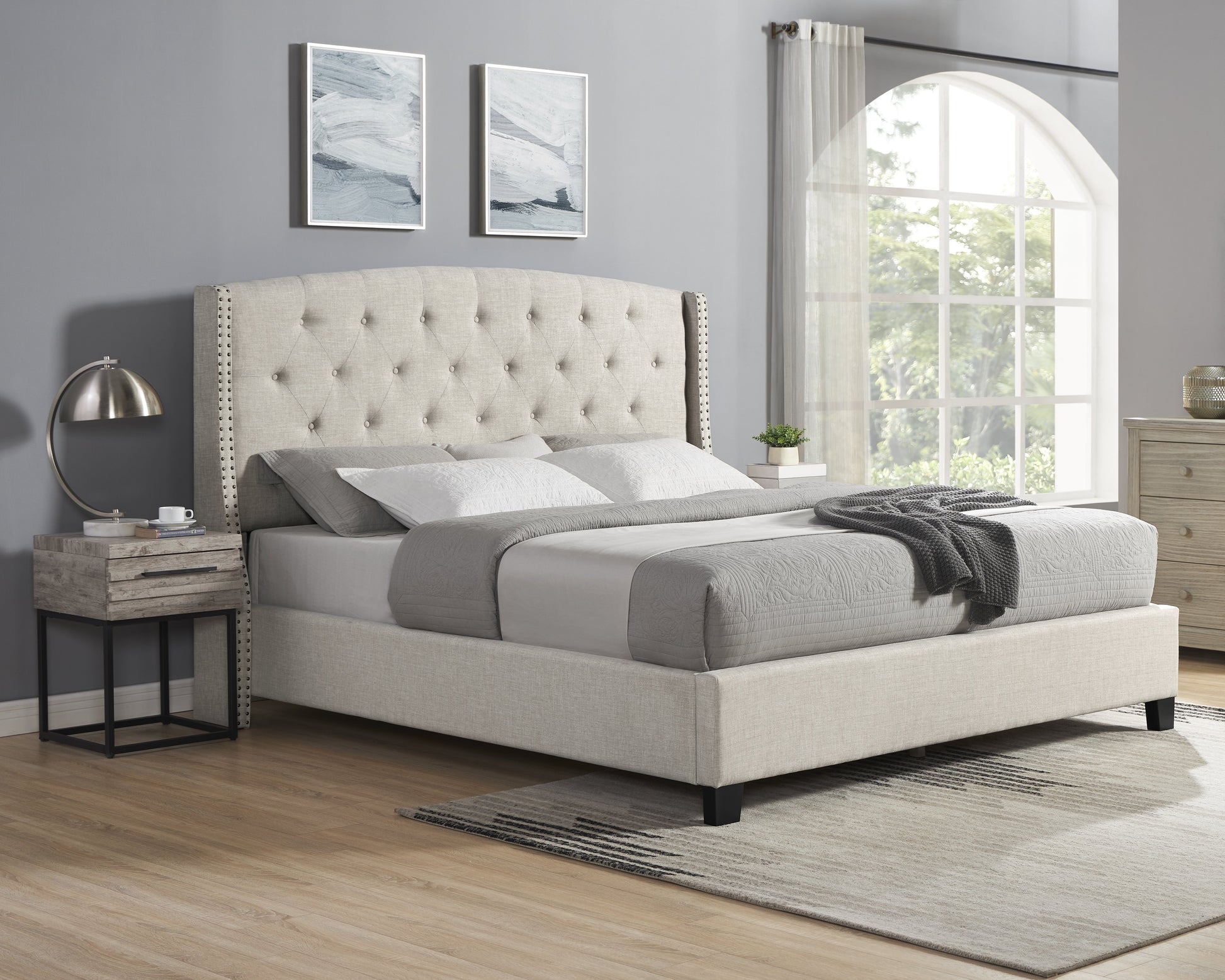 Astral 3 Piece Upholstered Bedroom Set, Tufted Wingback Bed With Two Gray Nightstands Box Spring Required Queen Beige Wood 3 Piece Set Bedroom Bed Included,Nightstand Included Contemporary Wood Tufted Polyester Engineered Wood