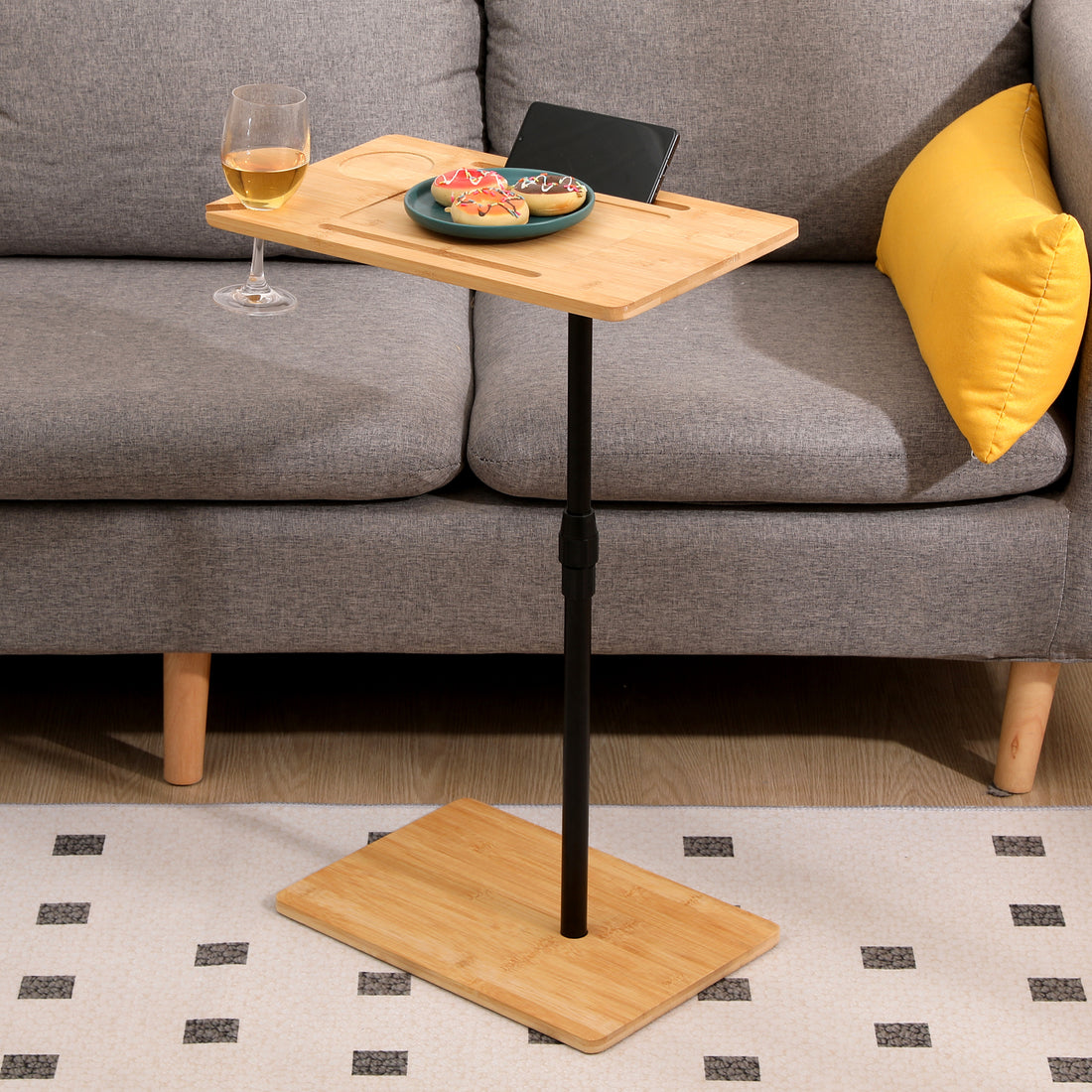 Bamboo Couch Tray Table Height Adjustable C Shaped End Table With Slots 2 Tier Sofa Side Table For Living Room & Bedroom Rectangle Rectangle Natural Height Adjustable & Standing Desks Primary Living Space Modern Manual Freestanding Rectangular Shelves